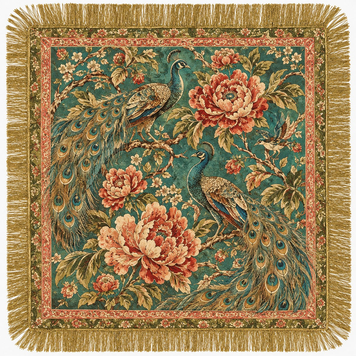 A square decorative textile with fringe around the edges, featuring two peafowls and large pink peony flowers on a teal background with ornate floral borders.
