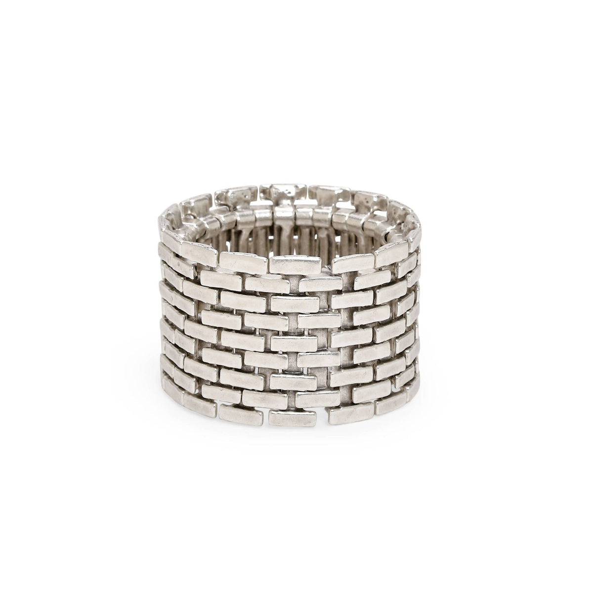 A wide silver-toned metal ring with a textured, woven-link design resembling a basket or brick pattern, shown on a plain white background.
