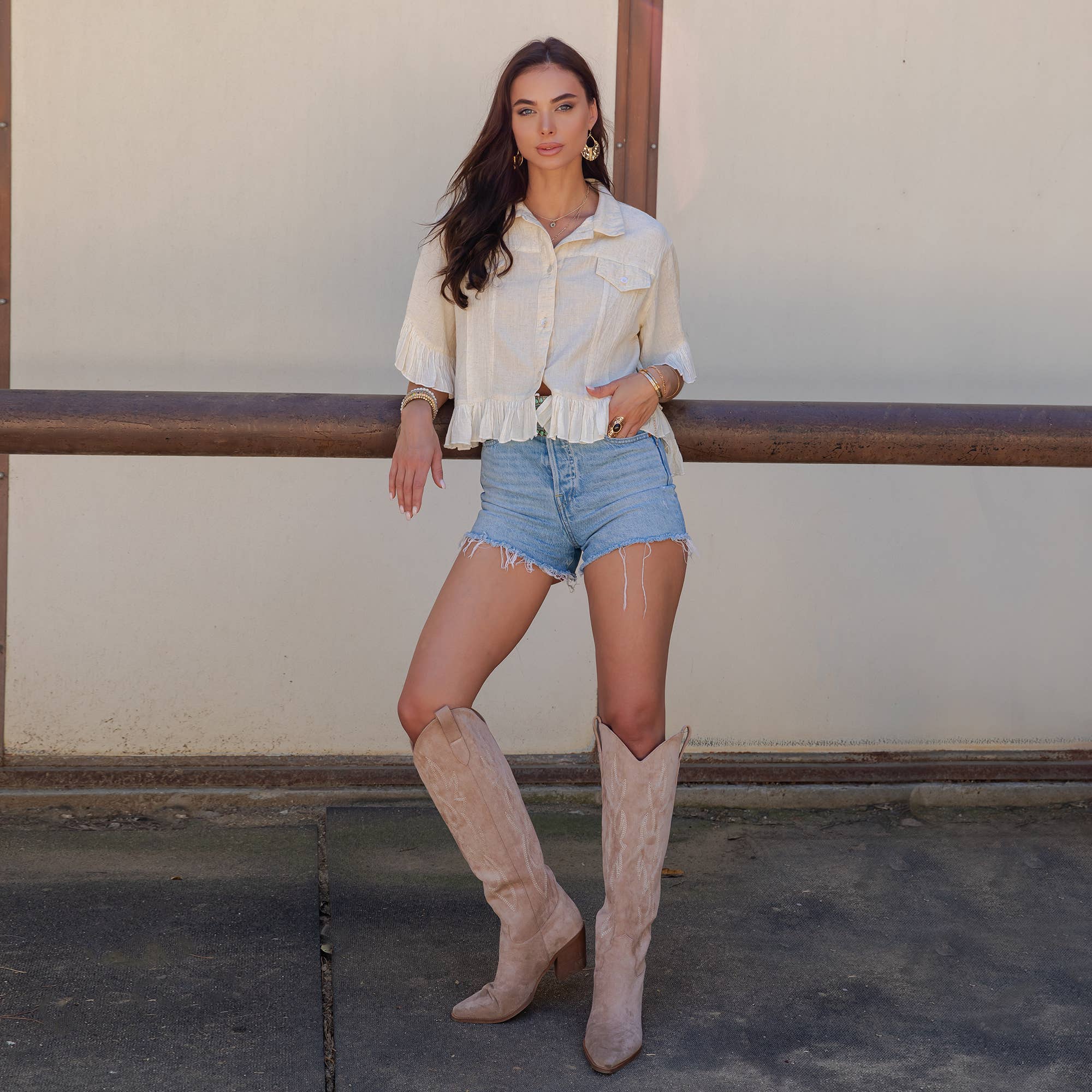 The Rebel Cropped Denim Shirt - detail shot of contrast rayon-flax panels and minimal detailing