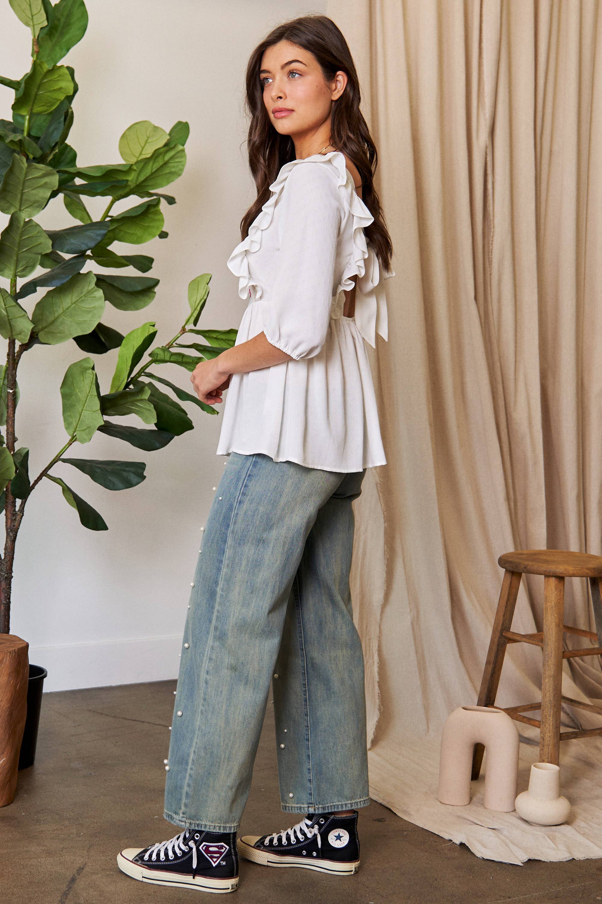 Plus Size Tie Back Floral Embroidery Top