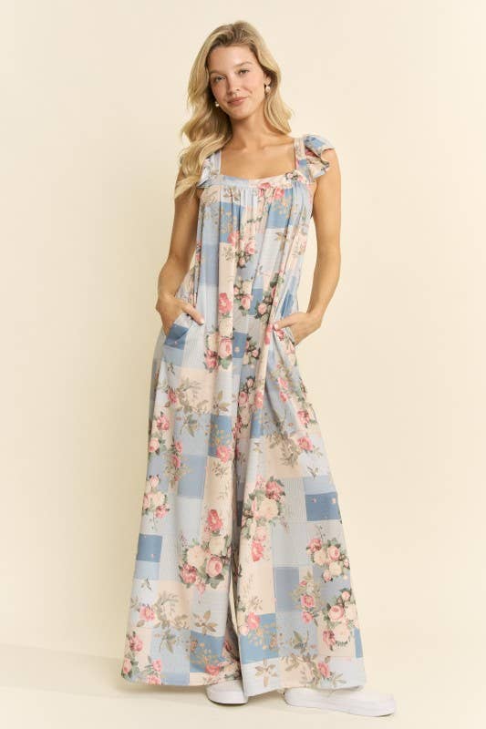 Vintage-inspired blue floral jumpsuit – relaxed bodice and full-length wide-leg silhouette