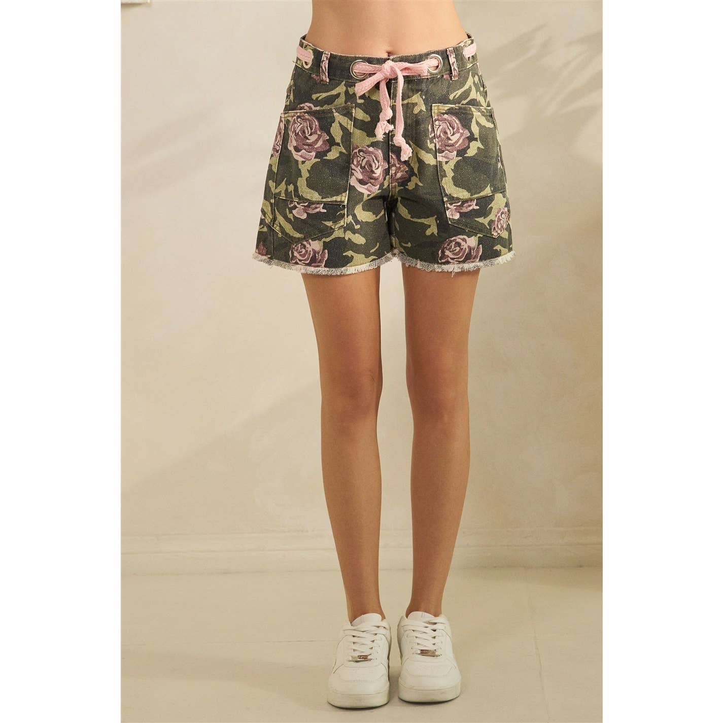 Camo Flower Denim Drawcord Shorts