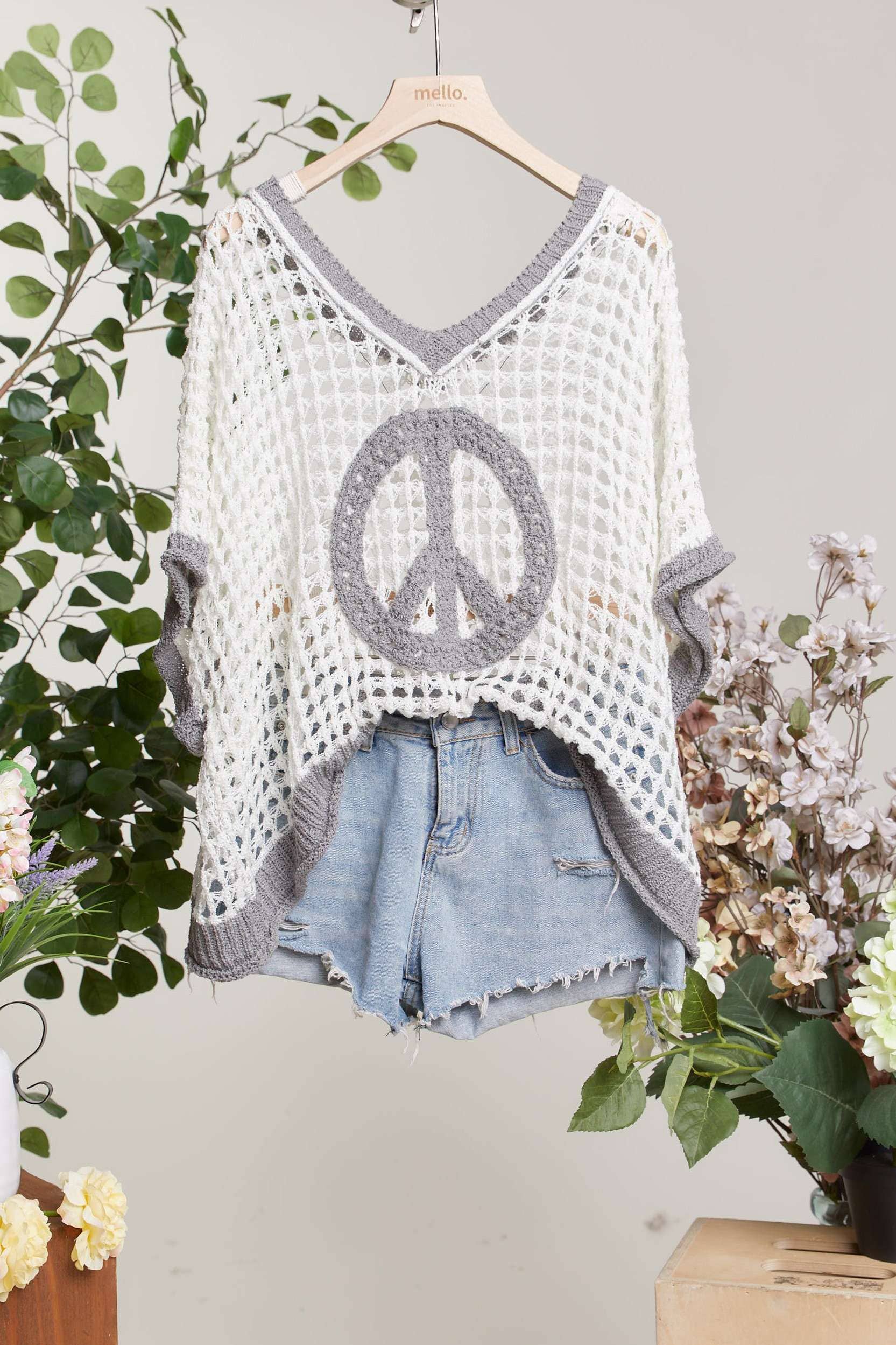 Crochet V Neck Knit Top with Peace Patch