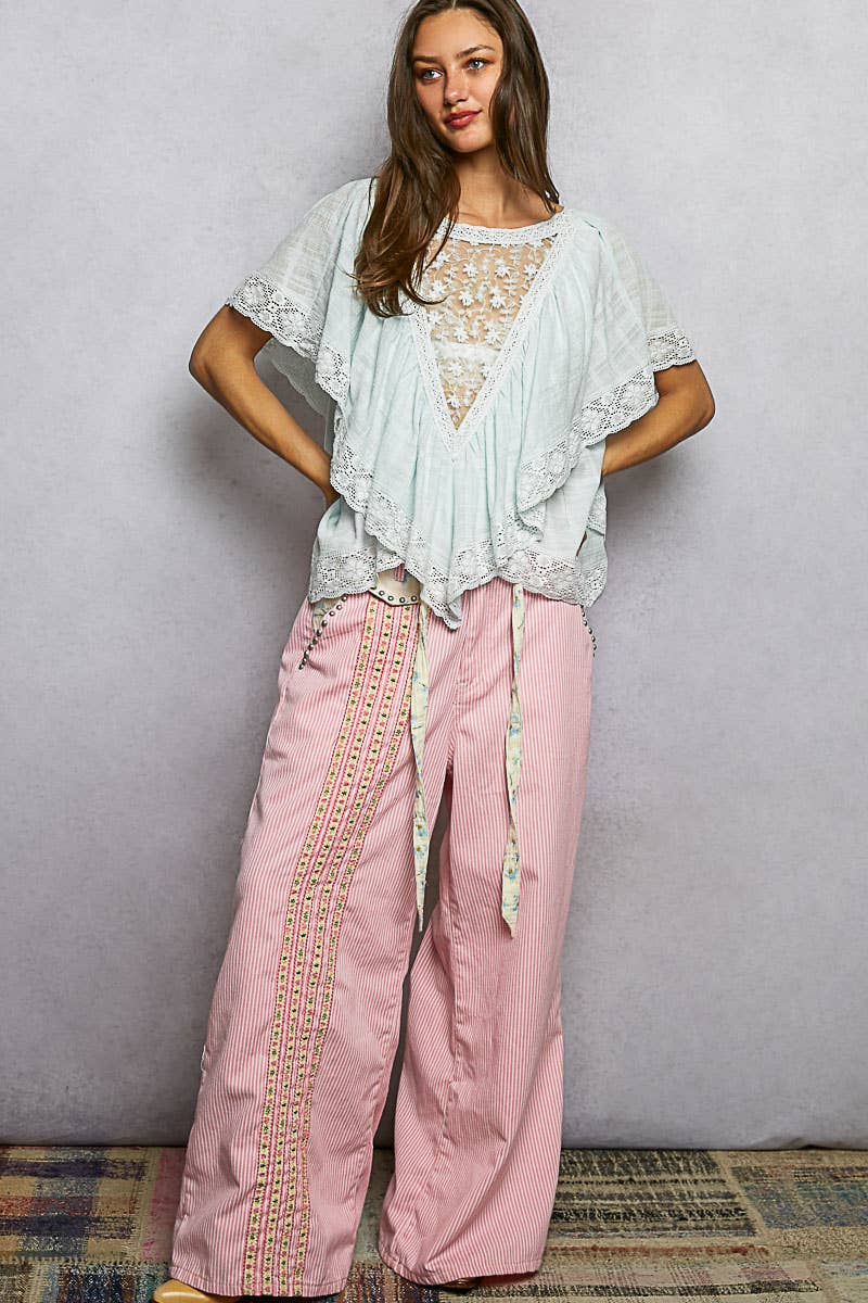 Reversible Embroidered Ruffle Top Blue
