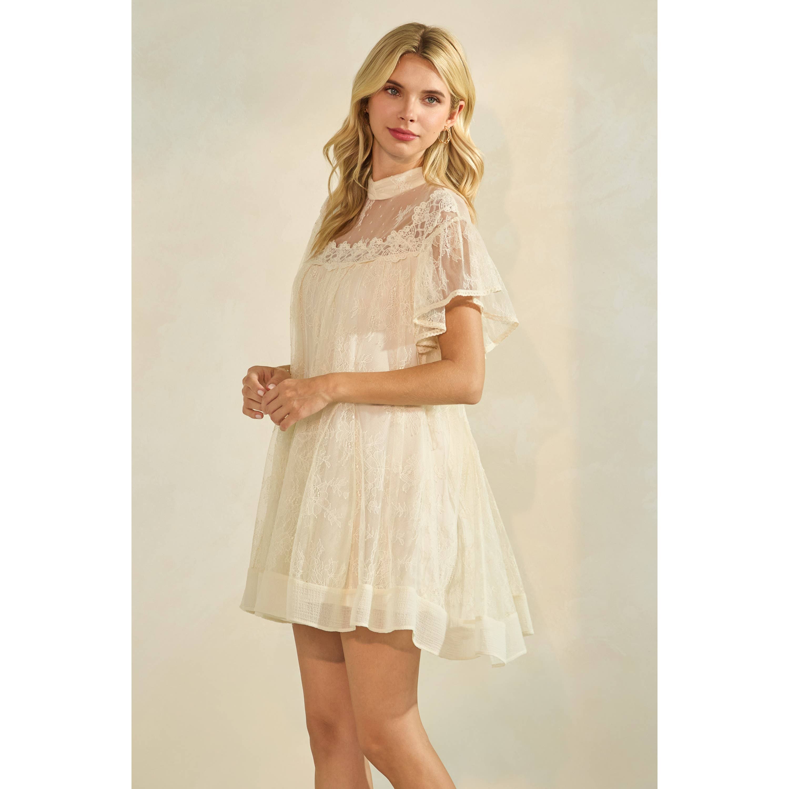 Lace flutter sleeve mock neck mini dress