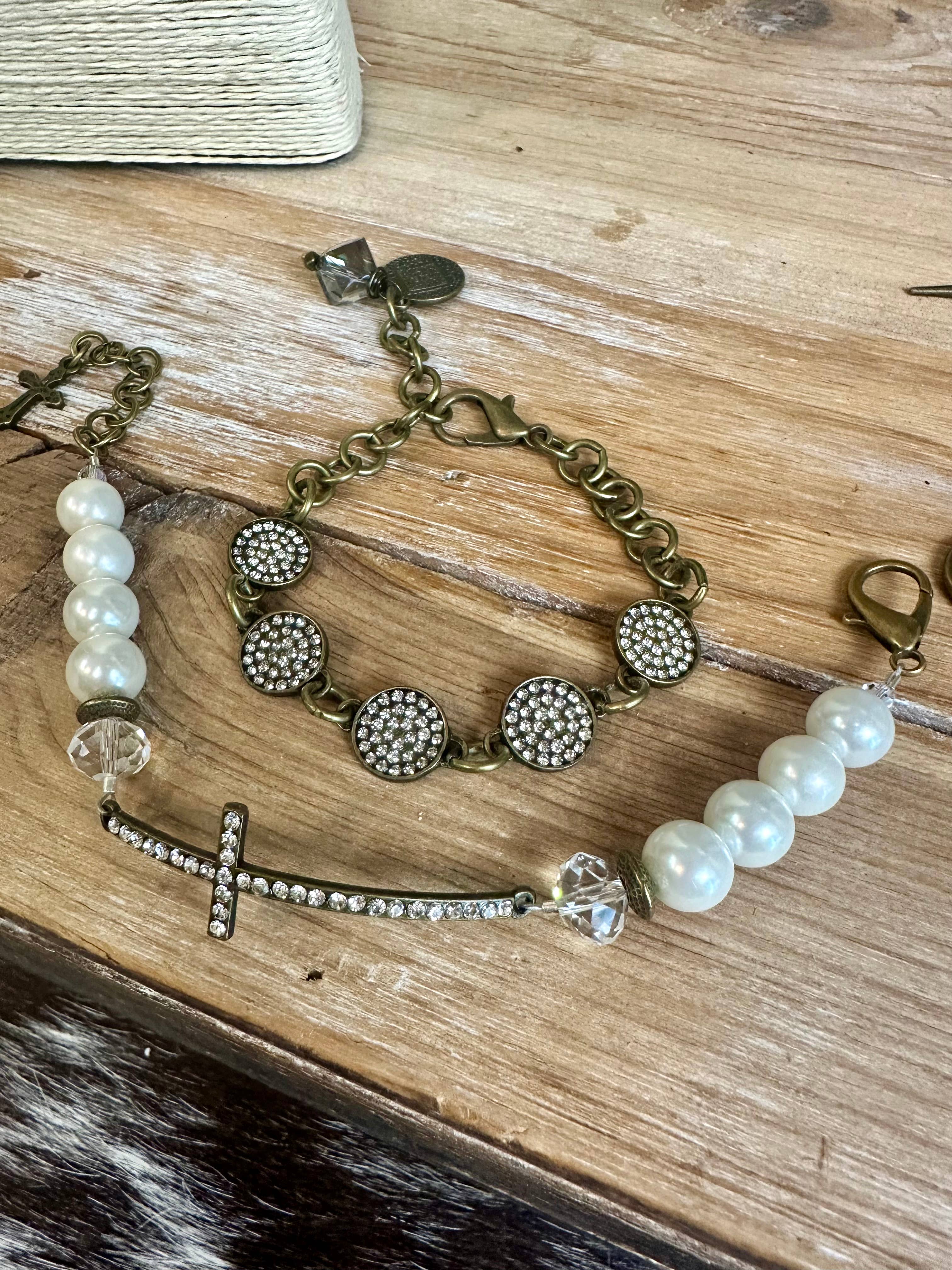 Pearl Crystal Cross Bracelet