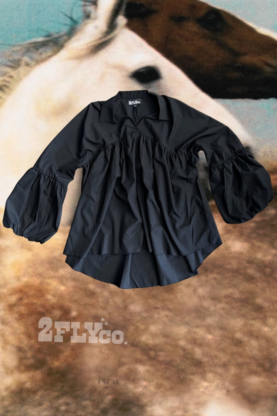 A black long-sleeve blouse with a gathered ruffled neckline and balloon sleeves, shown against a blurred horse portrait background. The brand name '2FLYco.