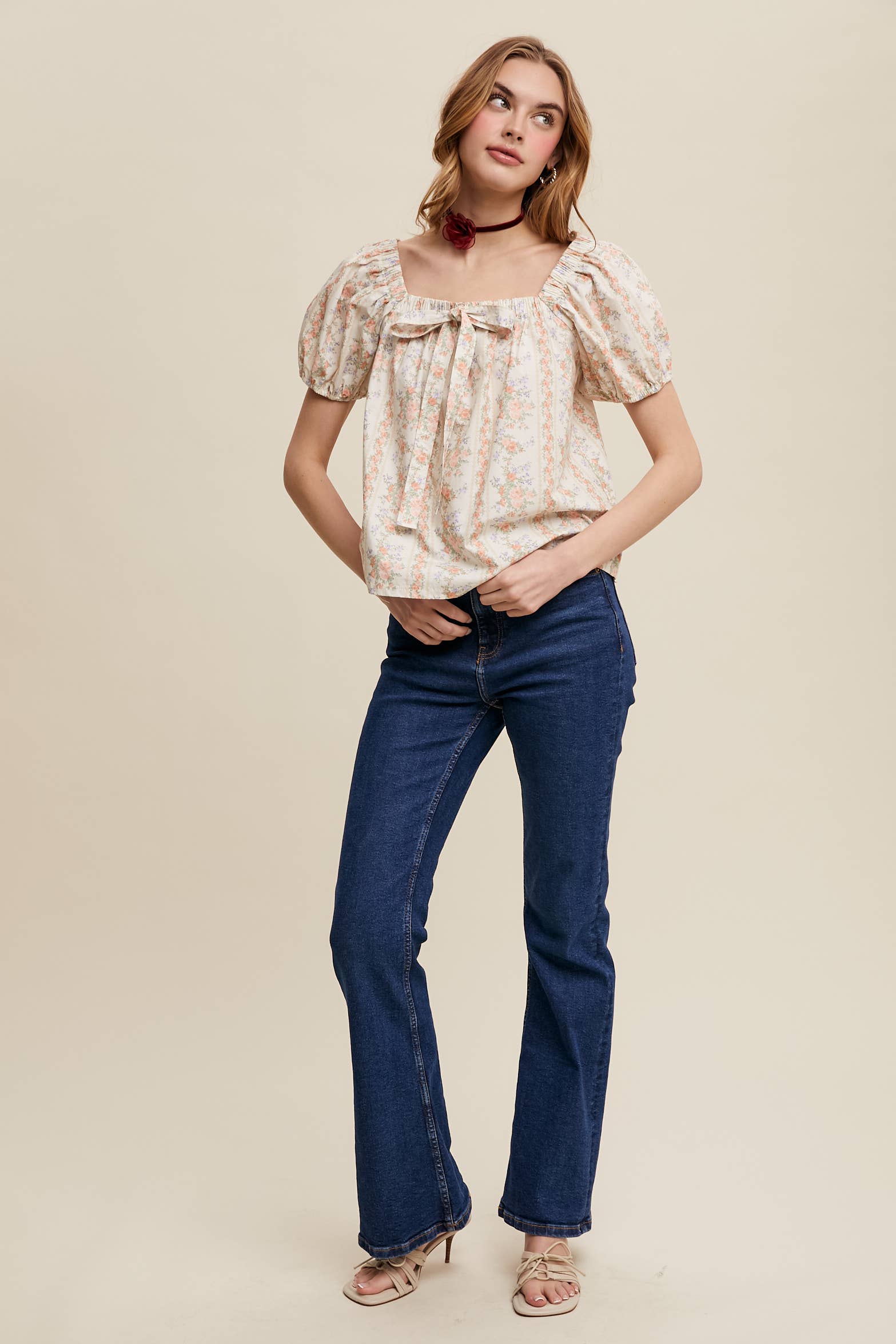 Pink Flower Floral Puff Sleeve Blouse