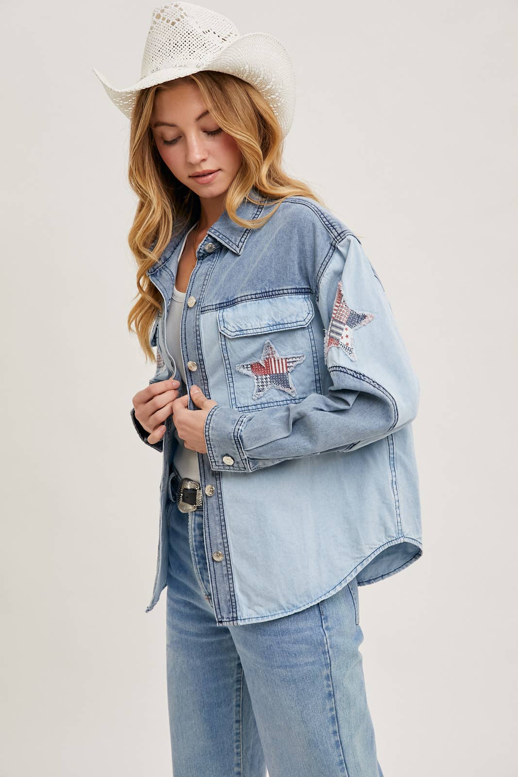 Two-tone denim button-down jacket featuring patriotic star appliqués on pocket and sleeve