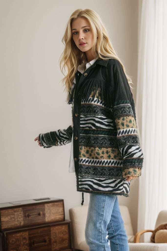 Brown Aztec print shacket with fringe detail, button closure, and patterned sleeves, styled with cream pleated pants while seated on a sofa.