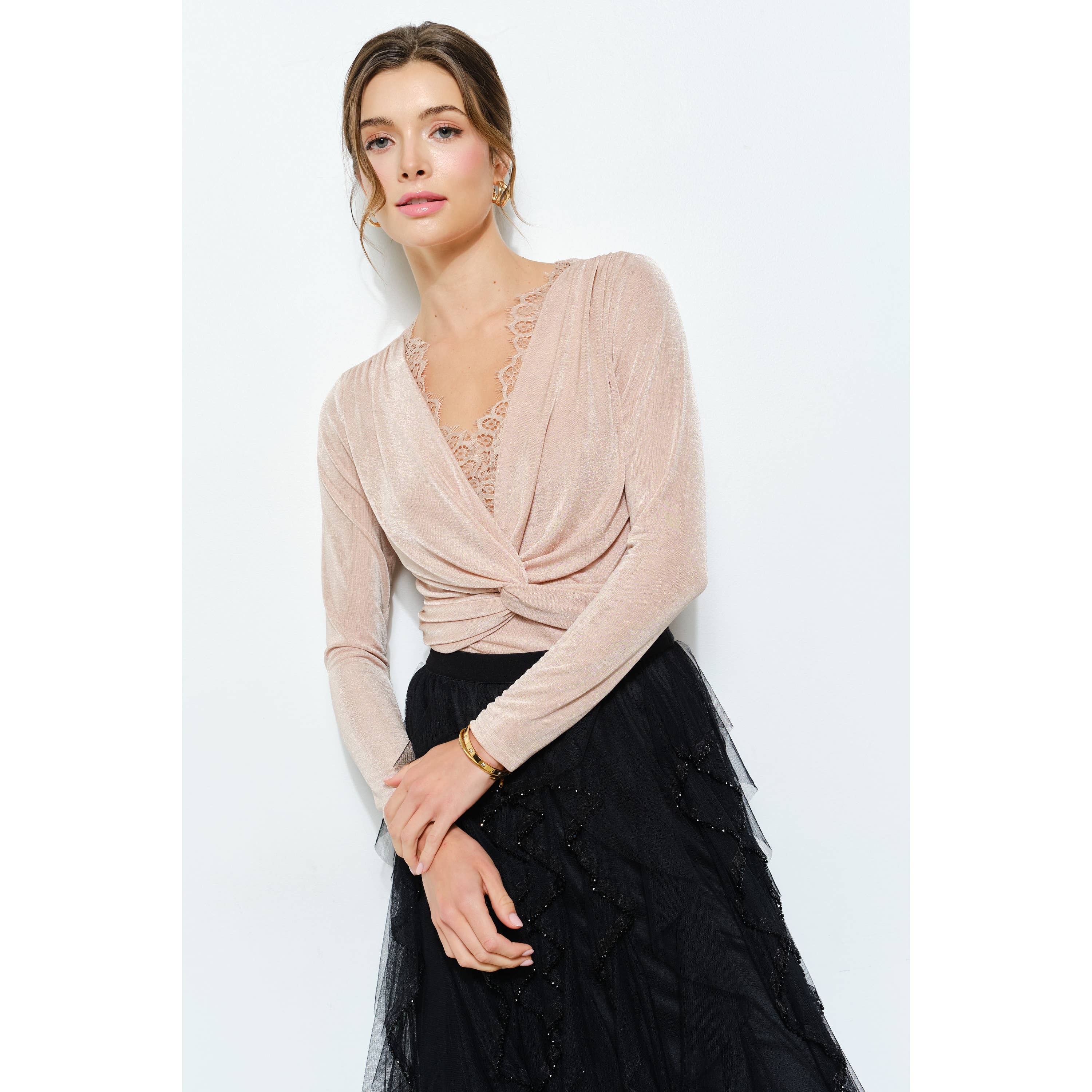 Velvet Twist-Front Long Sleeve Top