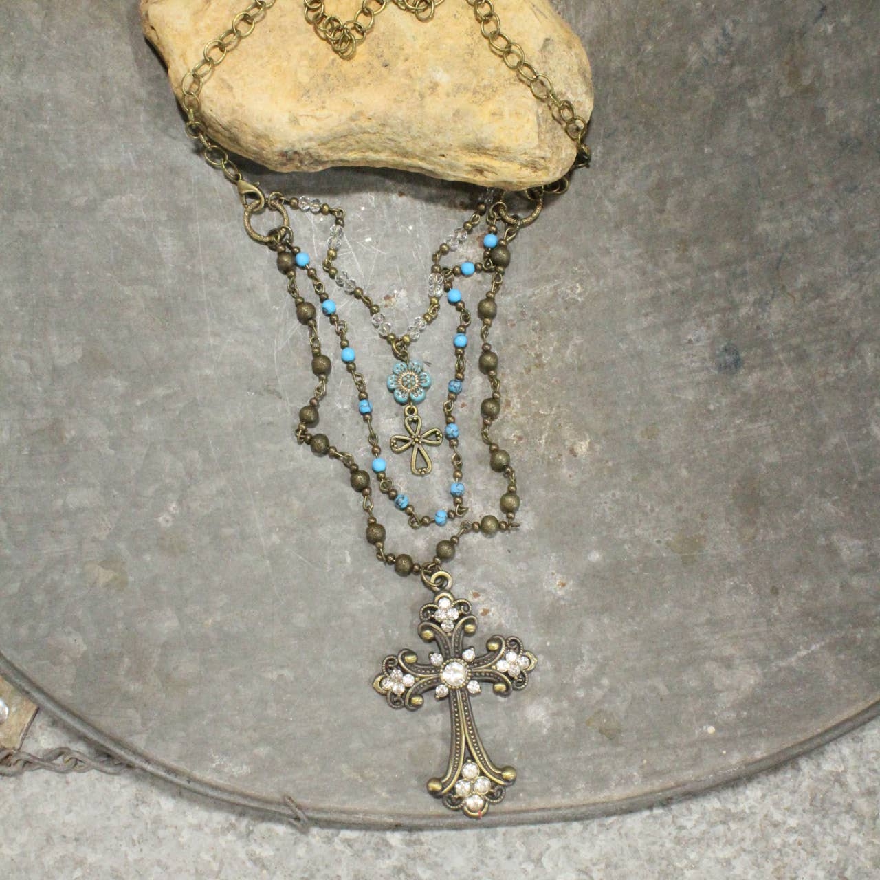 Vintage Bronze Cross Denim Czech Pendant Layered Necklace