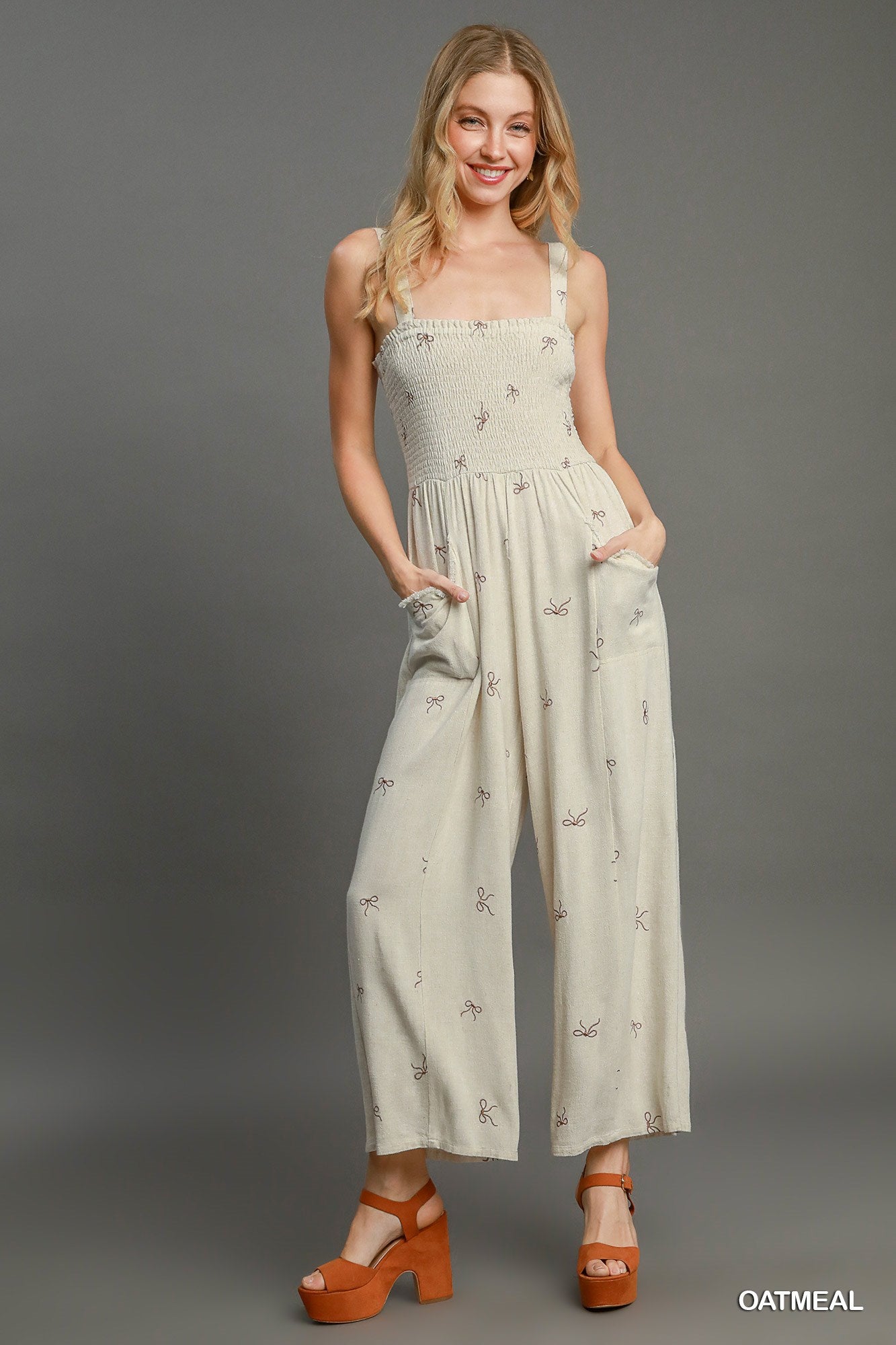 Cream Bow Smocked Linen Jumpsuit