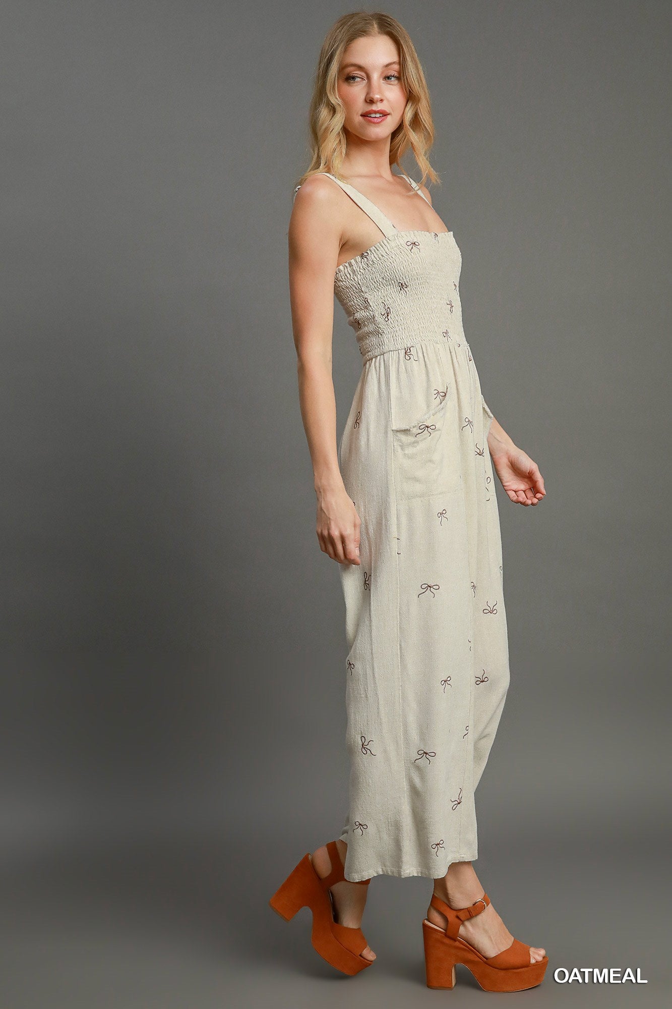 Cream Bow Smocked Linen Jumpsuit