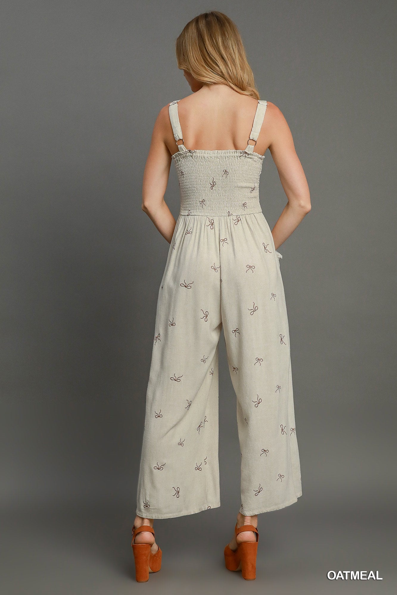 Cream Bow Smocked Linen Jumpsuit