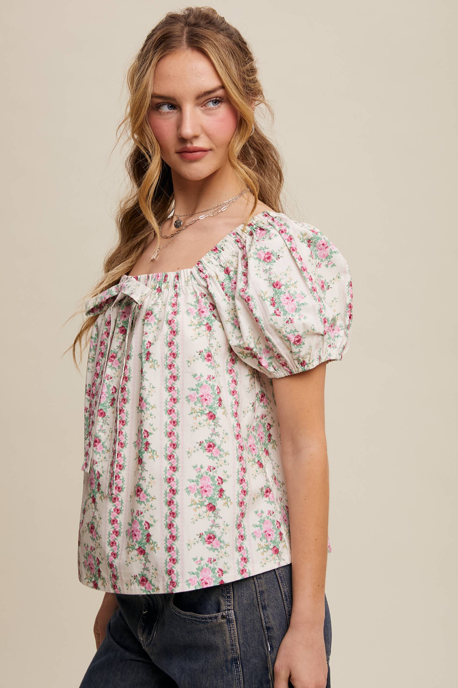 Pink Flower Floral Puff Sleeve Blouse