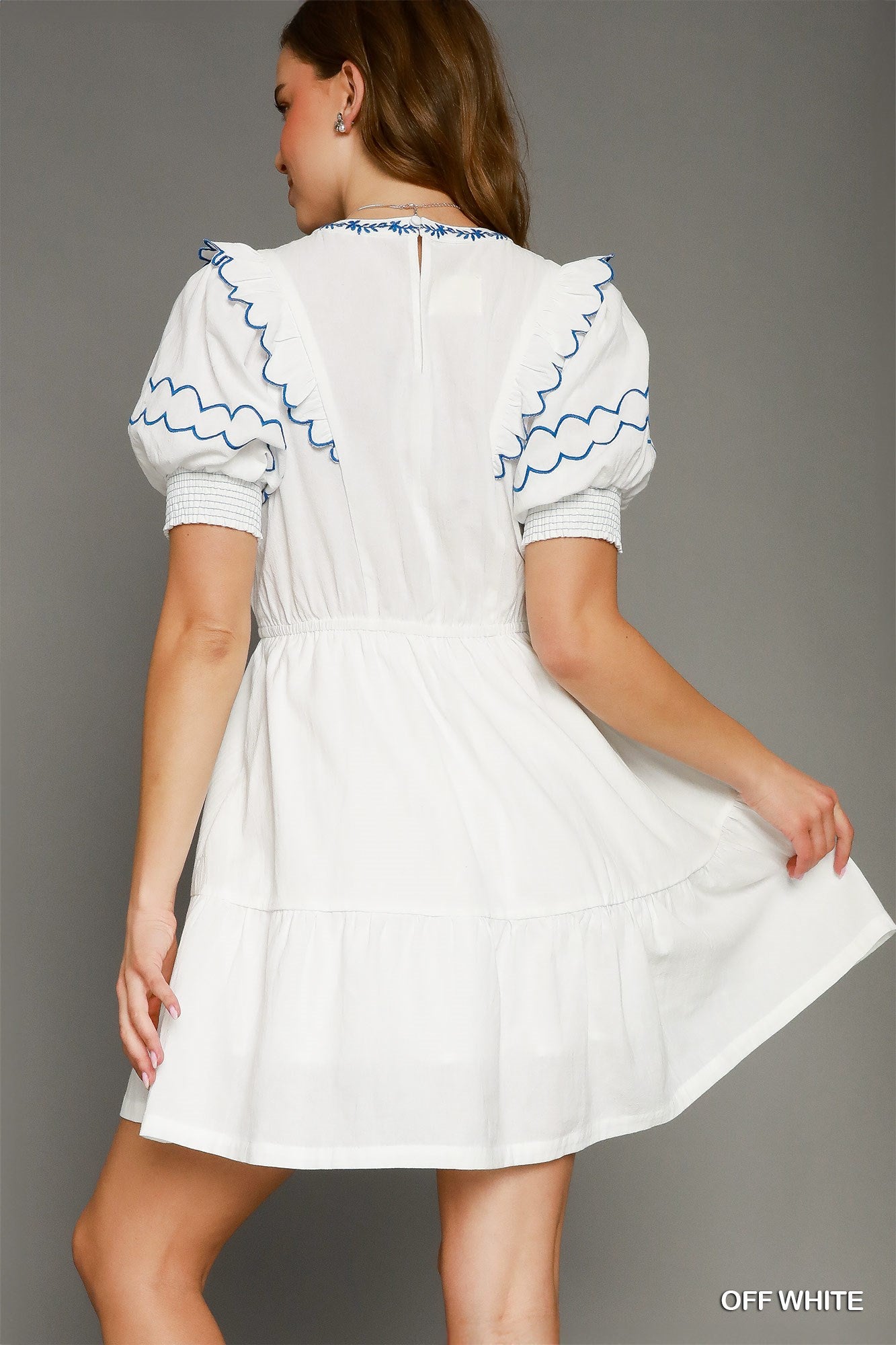 Back view of Sofia Embroidered Mini Dress in White – 100% cotton A-line dress with ruffle trim and back keyhole button closure | Spirit & Wind Boutique