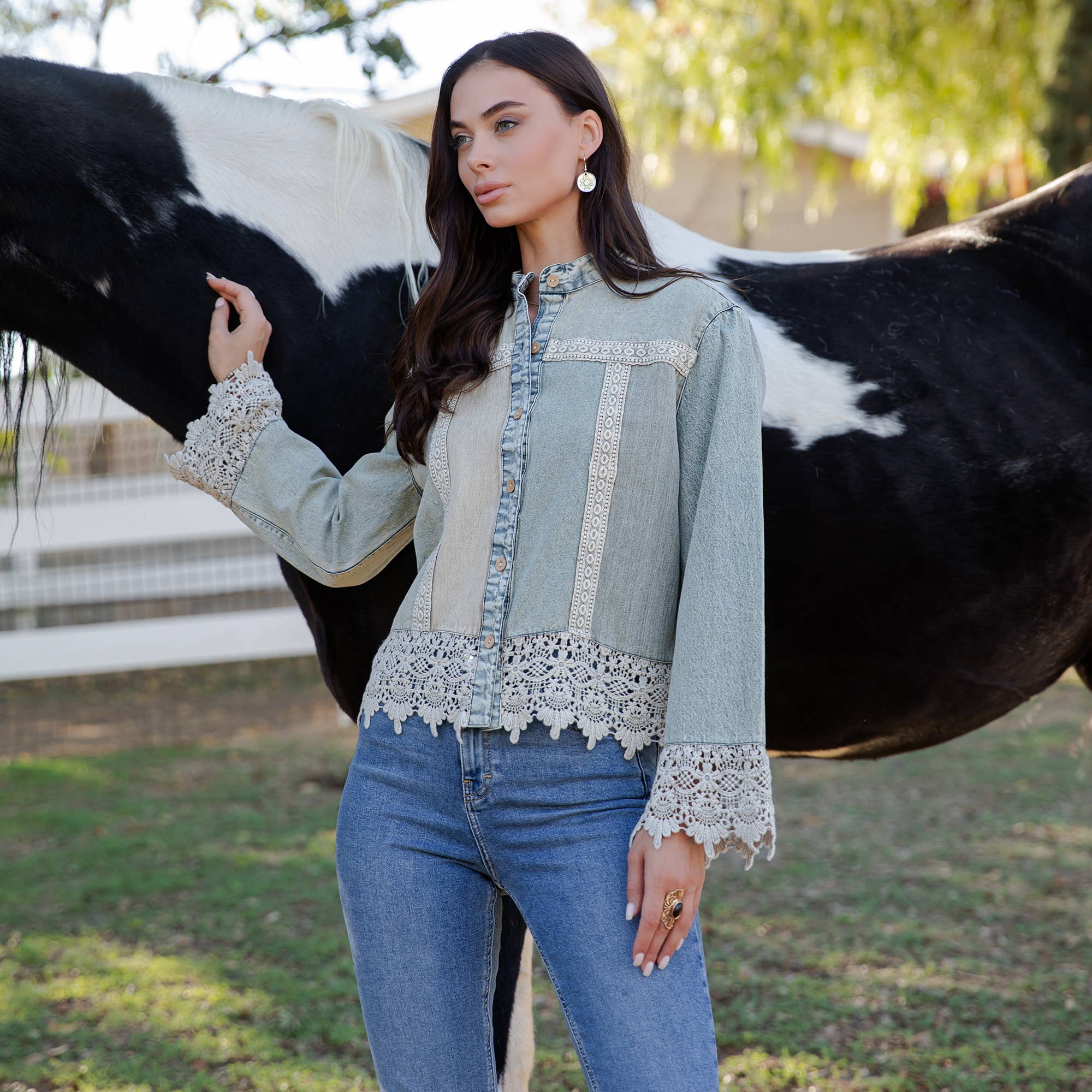 The Havannah Lace Trim Denim Top - close-up of lace trim accents on premium denim fabric
