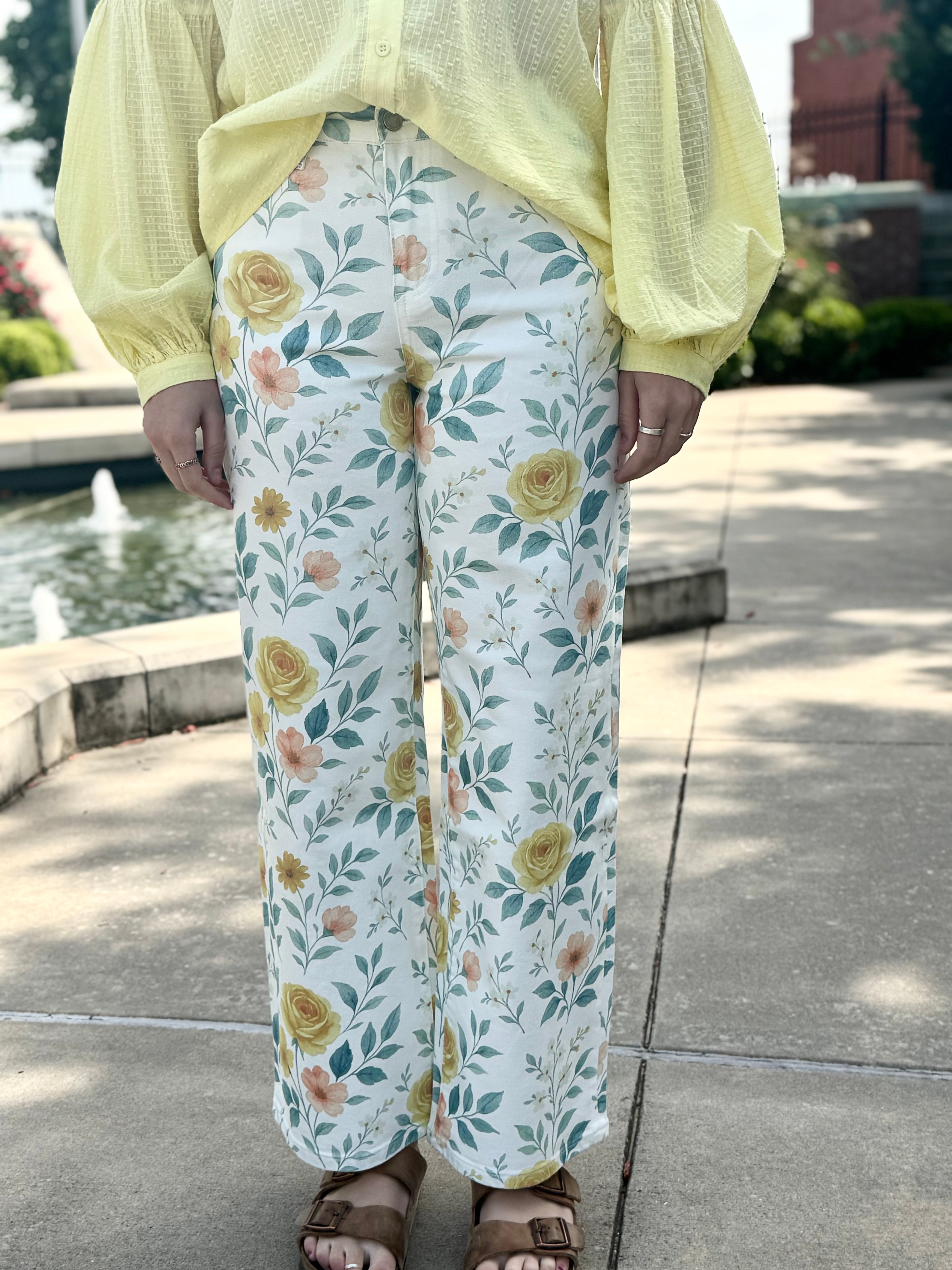 Front view Flora Watercolor Jean – wide-leg watercolor bloom print, close up, boho-luxe style, Spirit & Wind Boutique from Bayeas Jeans