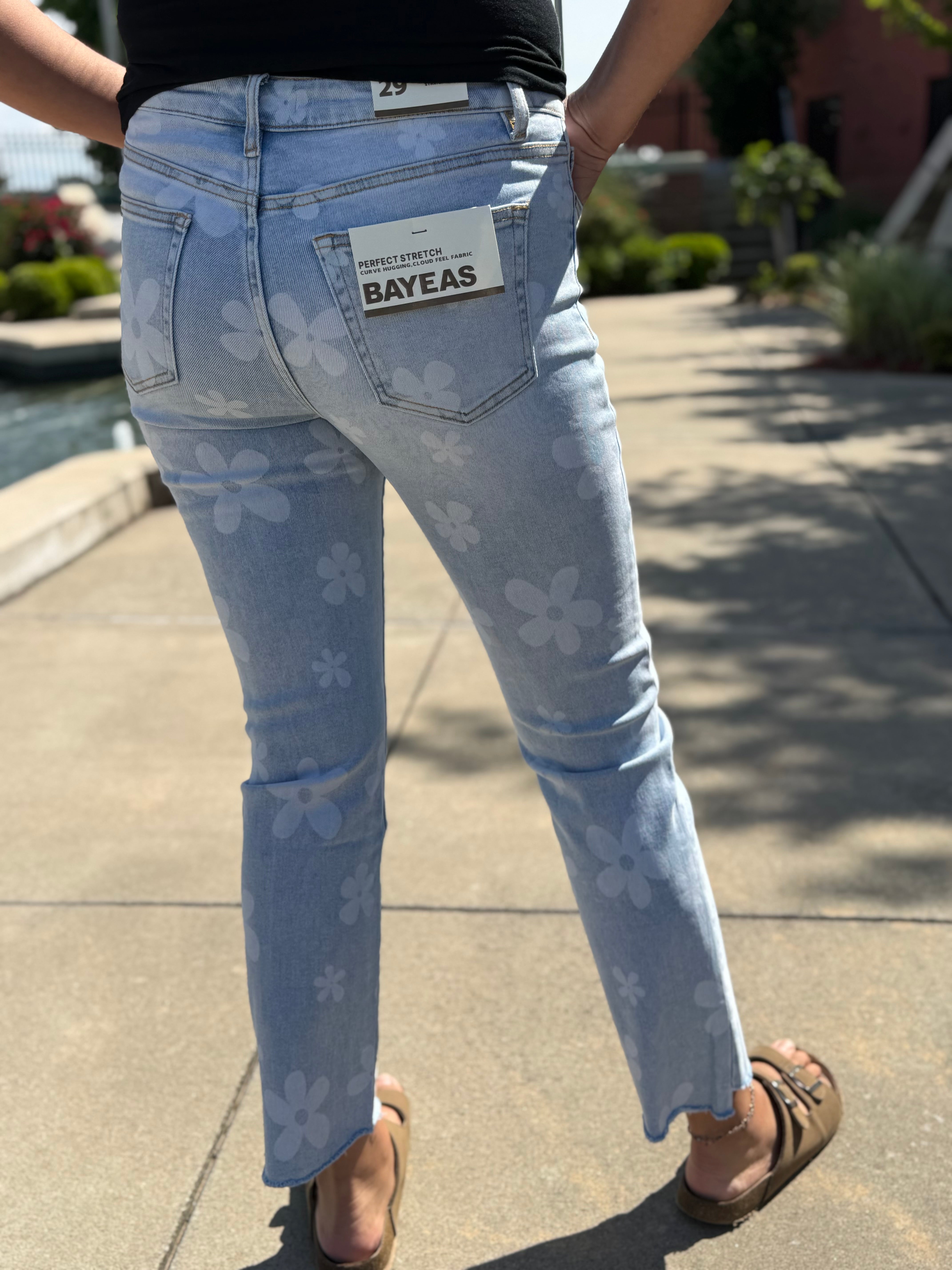 Back view of Dazi Flower Power Mid Rise Straight Jean – light blue wash, floral detail, front view, Spirit & Wind Boutique