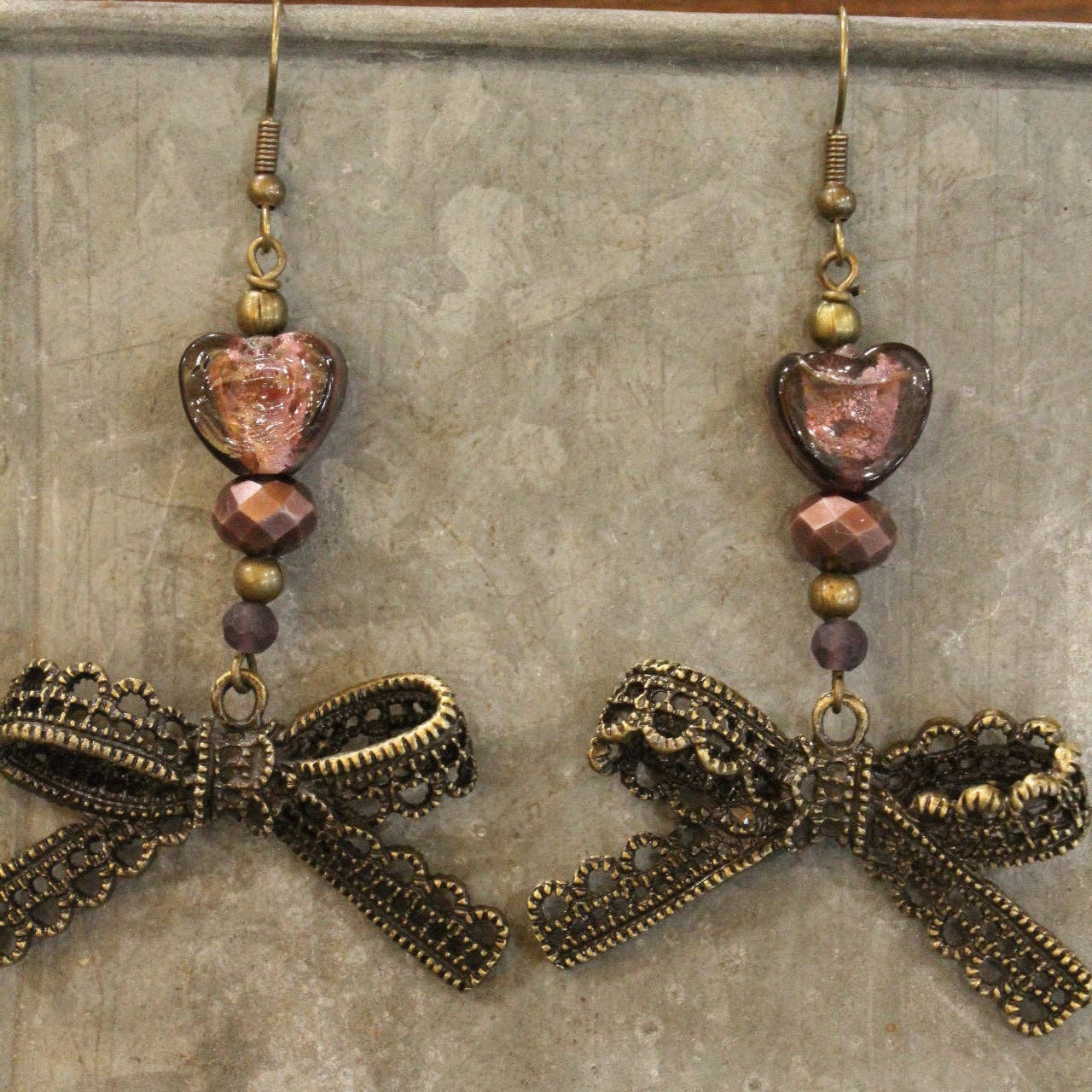 Vintage Purple Glass Bow Drop Earrings
