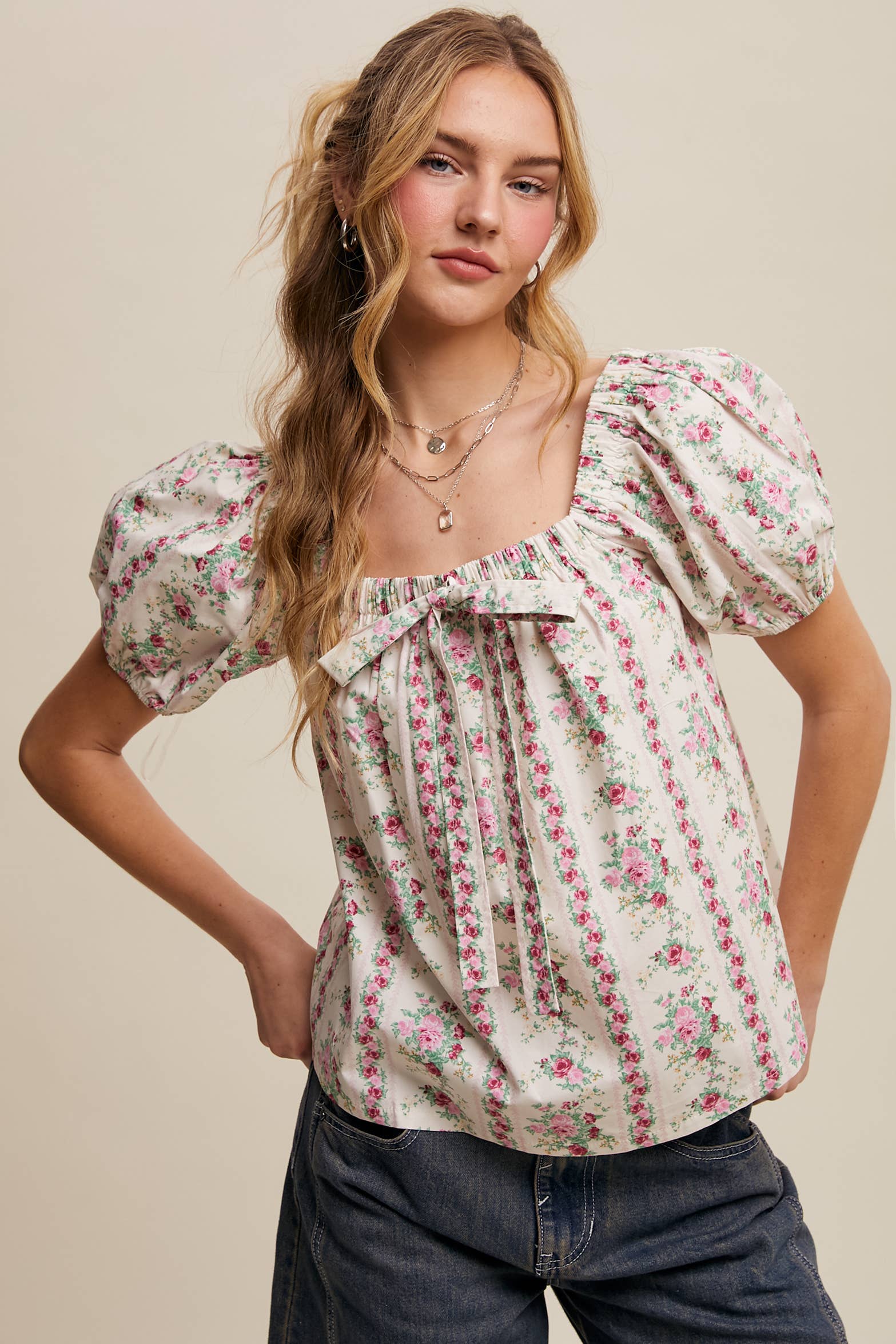 Pink Flower Floral Puff Sleeve Blouse