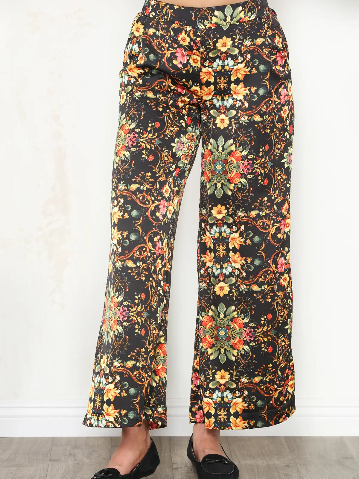 Satin Vintage Floral Wide Leg Pant