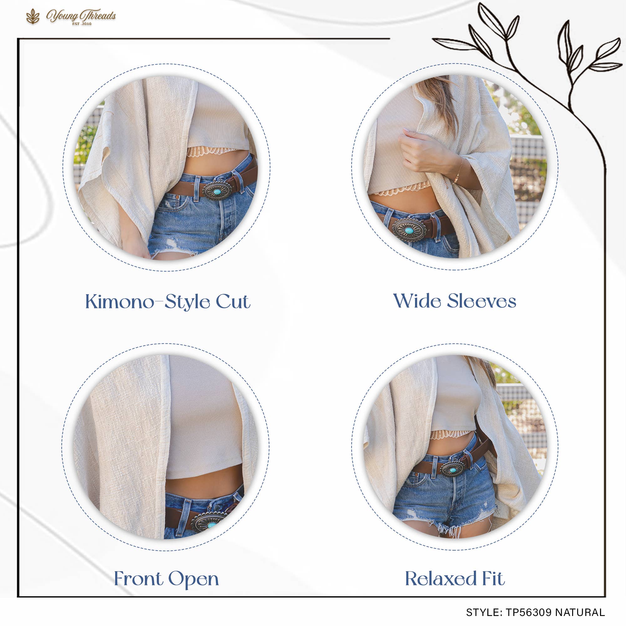 The Nomad Outlined Kaftan Poncho in Natural - fabric drape detail showing lightweight, breathable construction with the 4 styles and description of the jacket