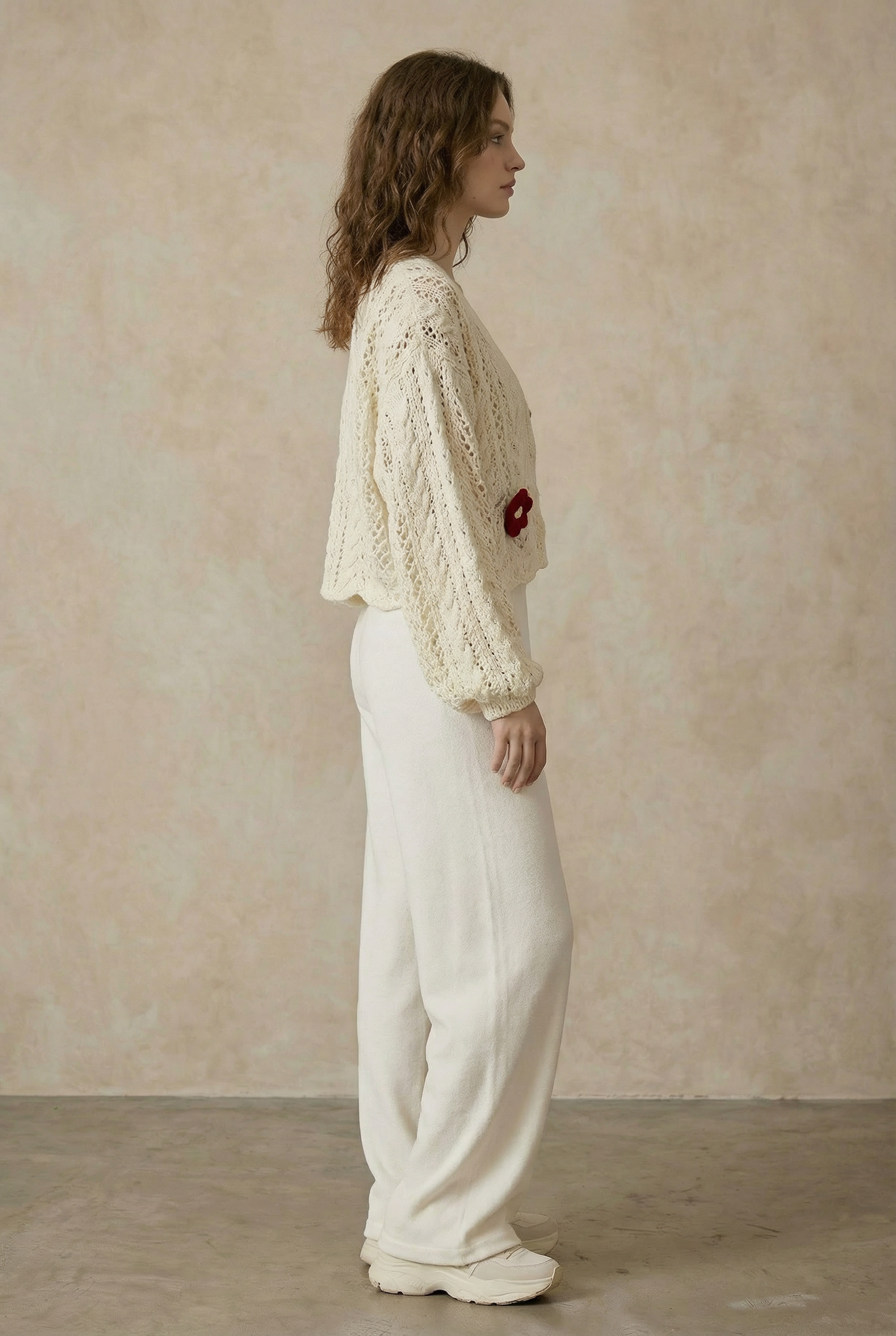 Flower Power cardigan full side view - vintage-inspired floral crochet with button closure and relaxed fit