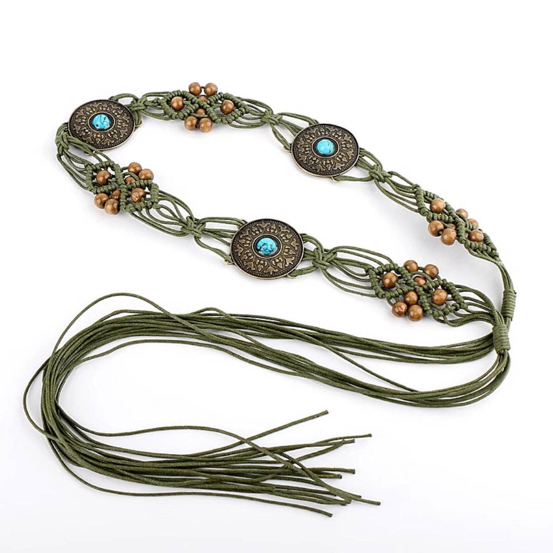 Olive braided cord sash belt with turquoise stone medallions and bow-tied tassels