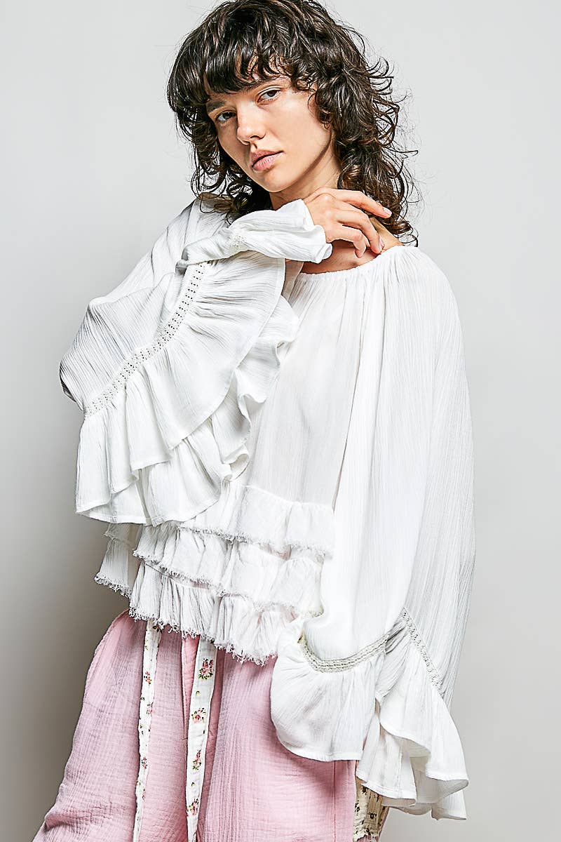 Ivory Tiered Ruffle Bell Sleeve Top
