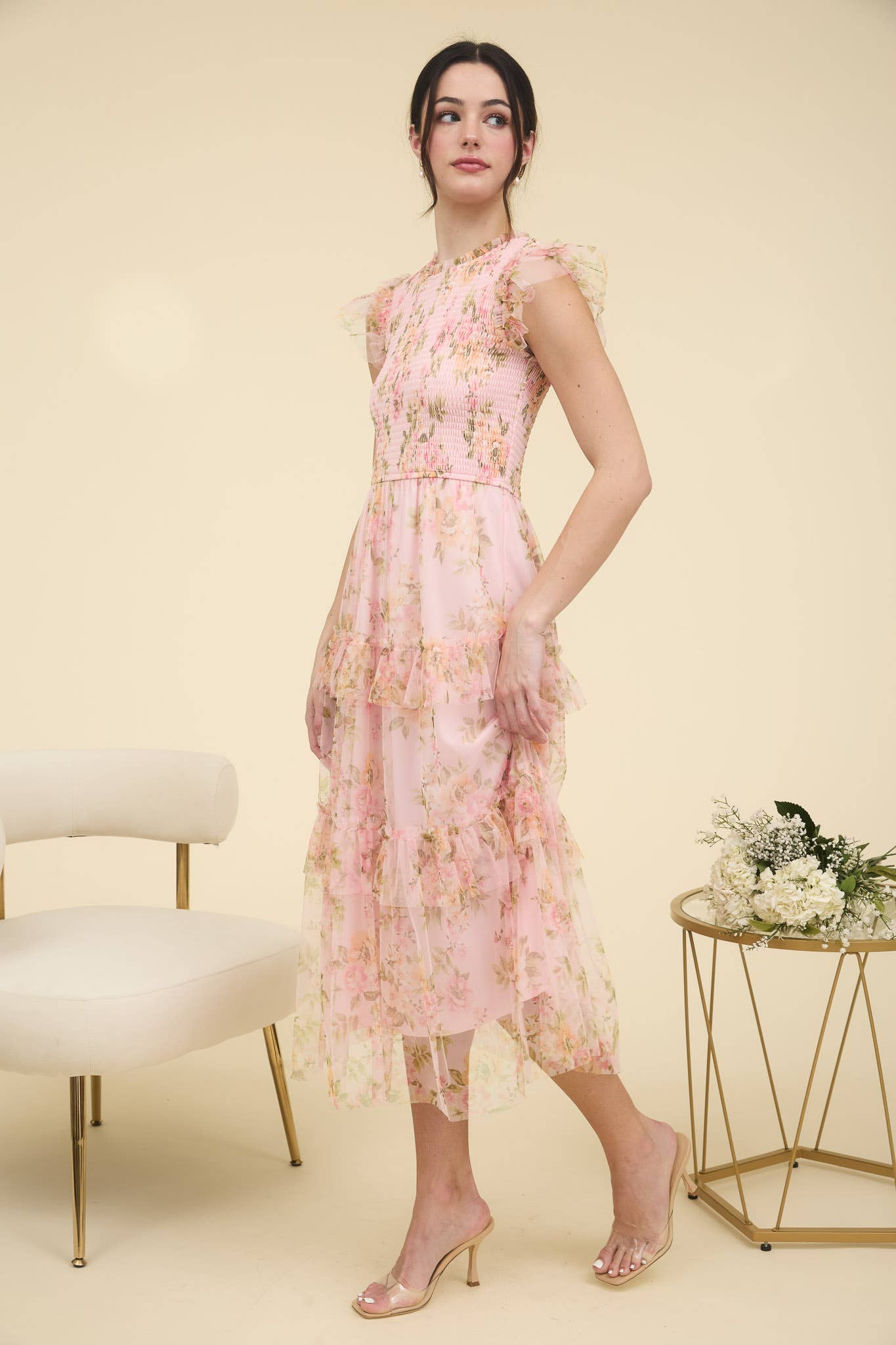 Pink Floral Smocked Ruffle Tiered Maxi Dress