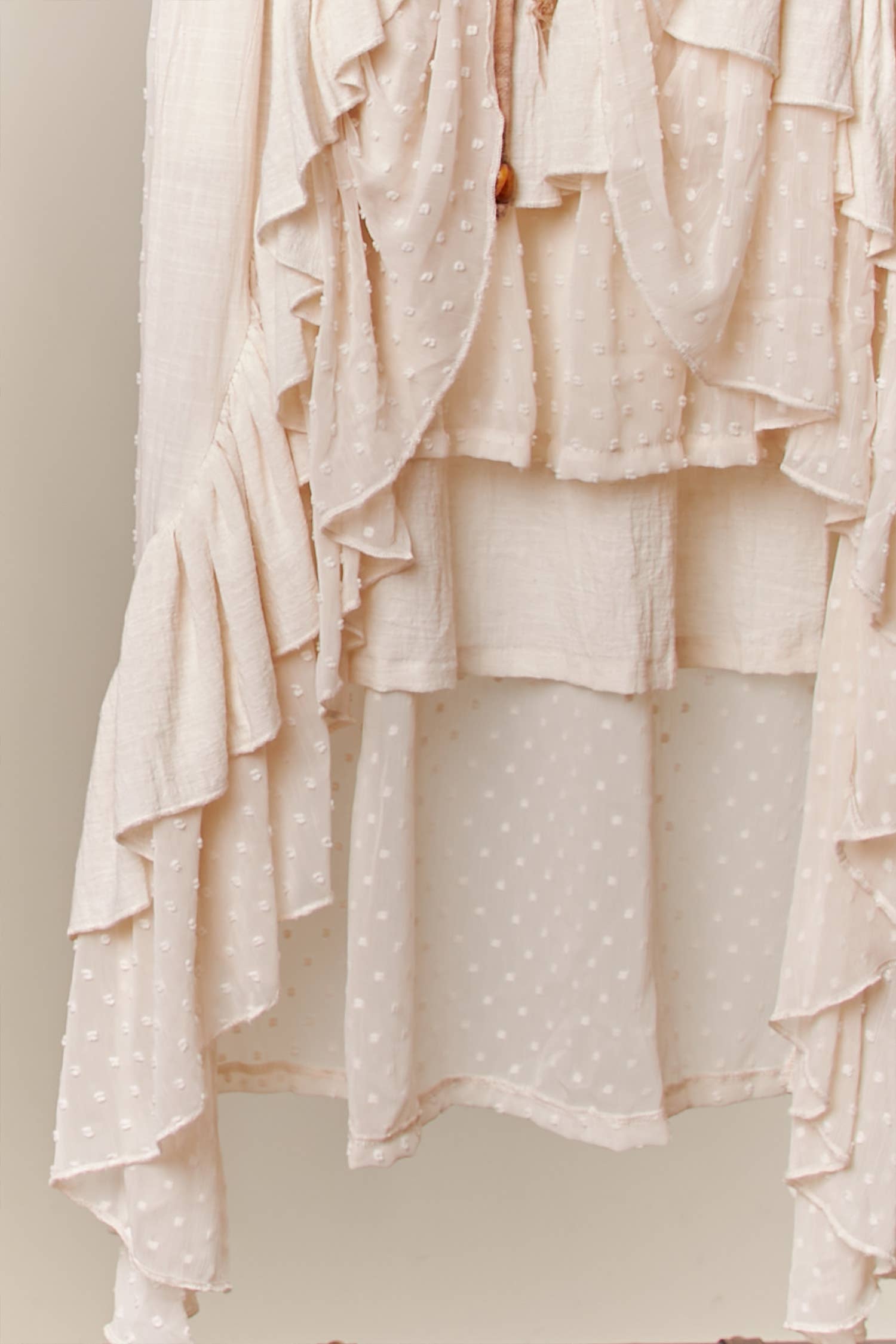 Artisan maxi skirt texture detail - meticulously crafted ivory ruffles with contrast tie and bohemian wo