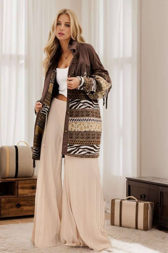 Brown Aztec print shacket with fringe detail, button closure, and patterned sleeves, styled with cream pleated pants while seated on a sofa.