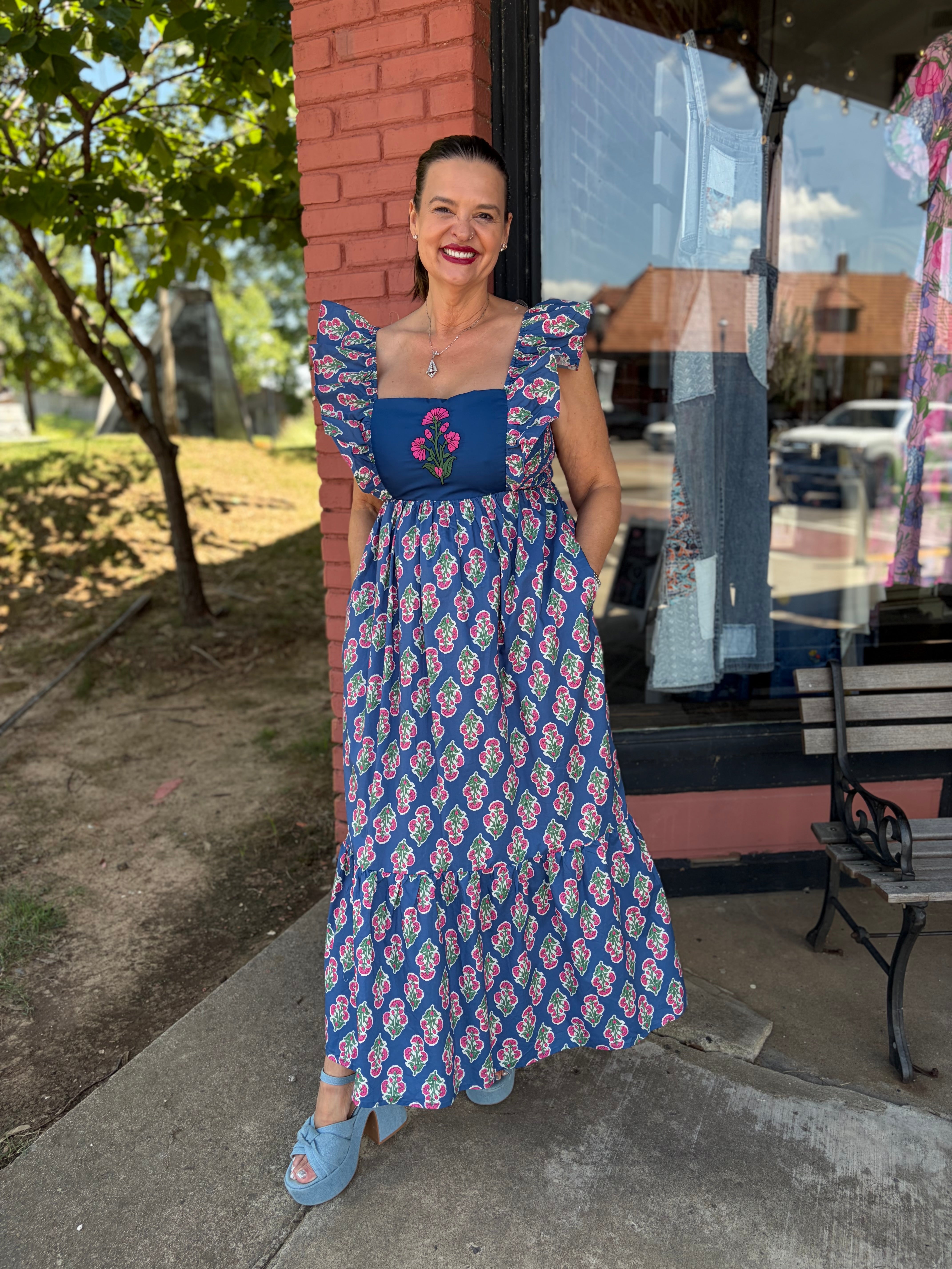 Botanical Ruffle Sleeve Midi Dress front full length view