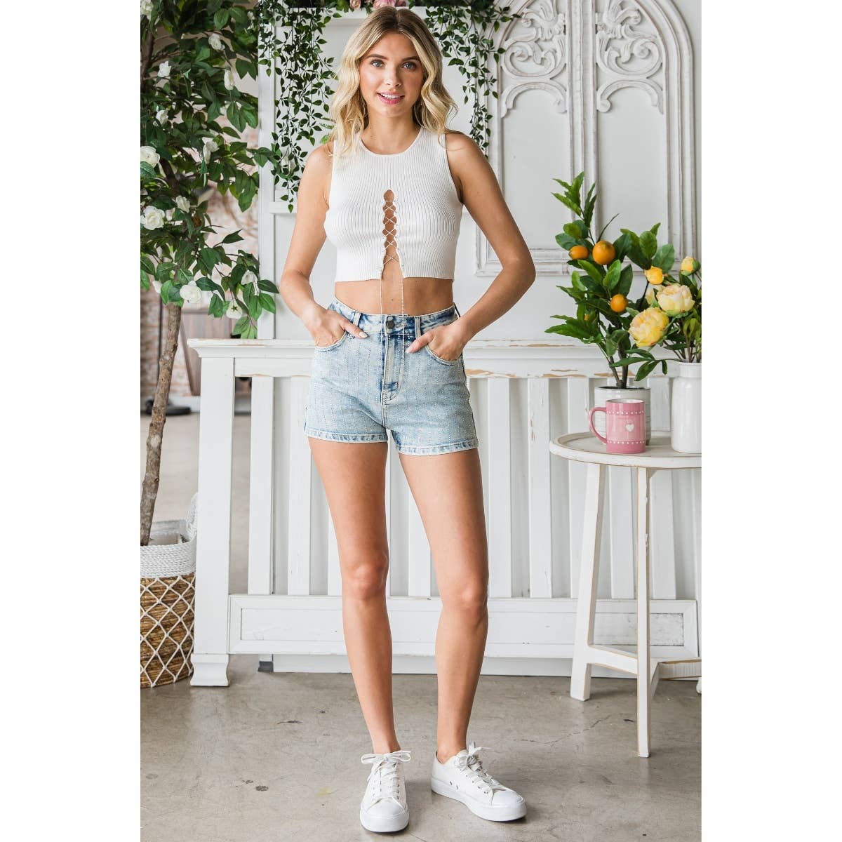 Sparkle & Shine Rhinestone Stripe Denim Shorts