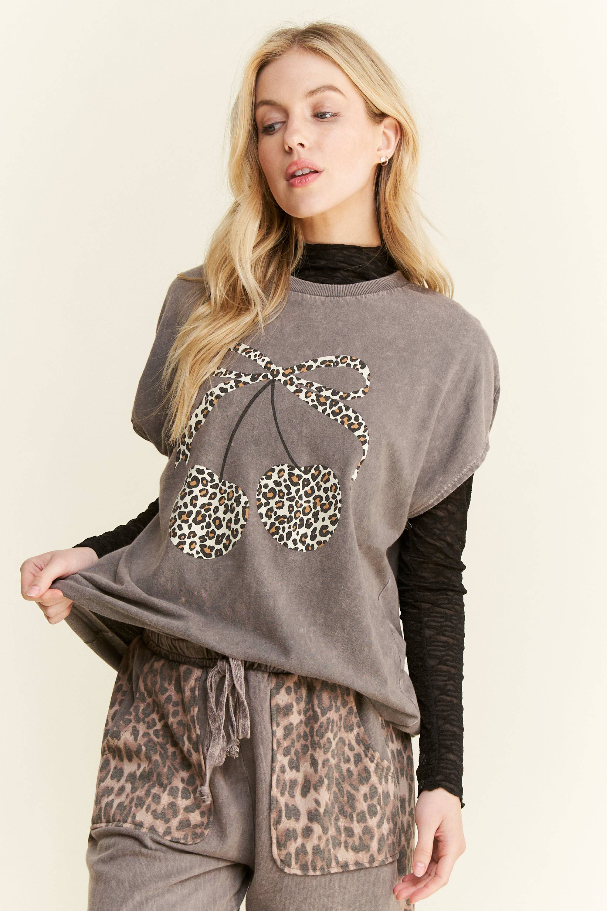 Bow Leopard Rocker Tee Charcoal