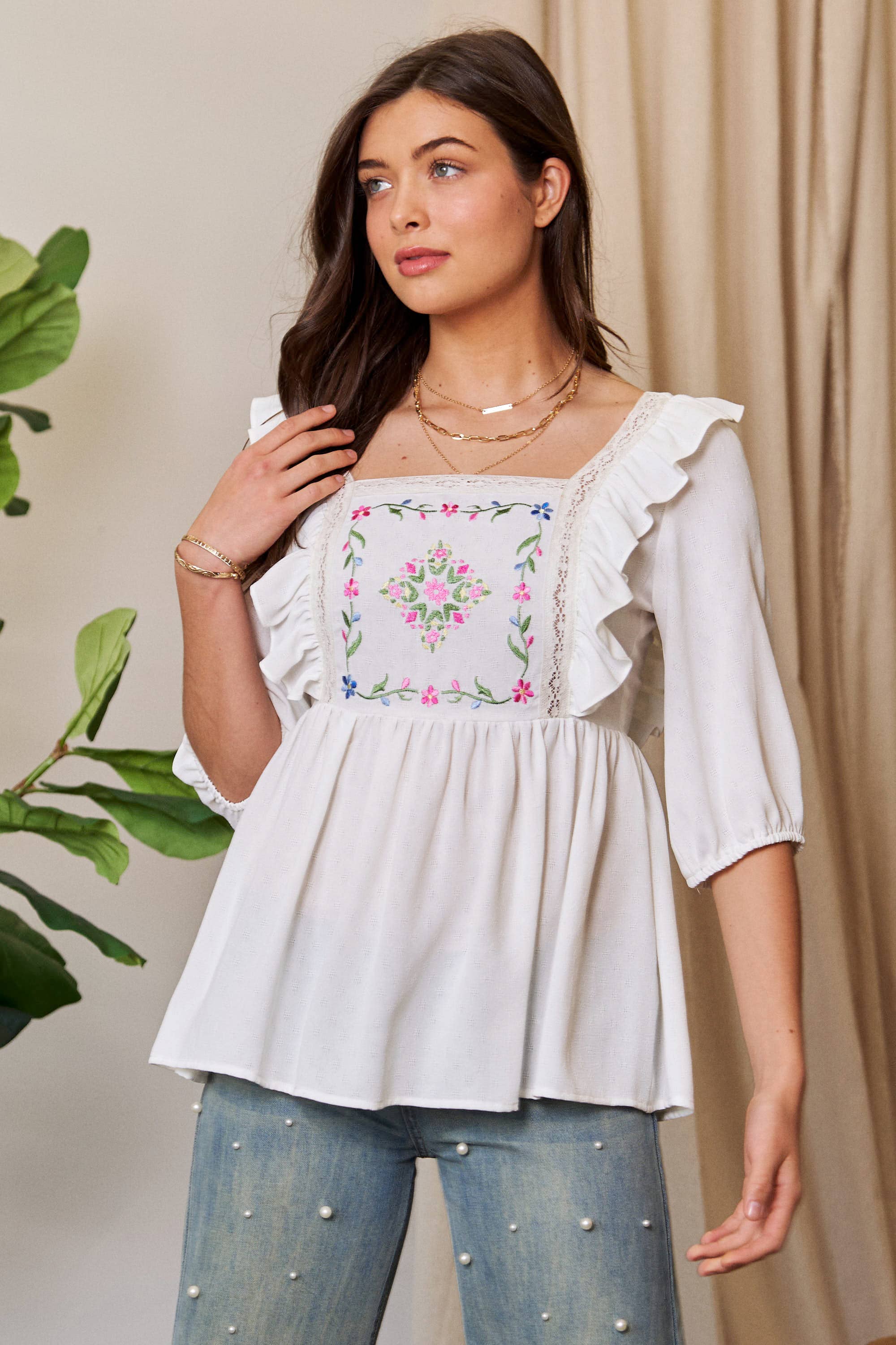 Plus Size Tie Back Floral Embroidery Top
