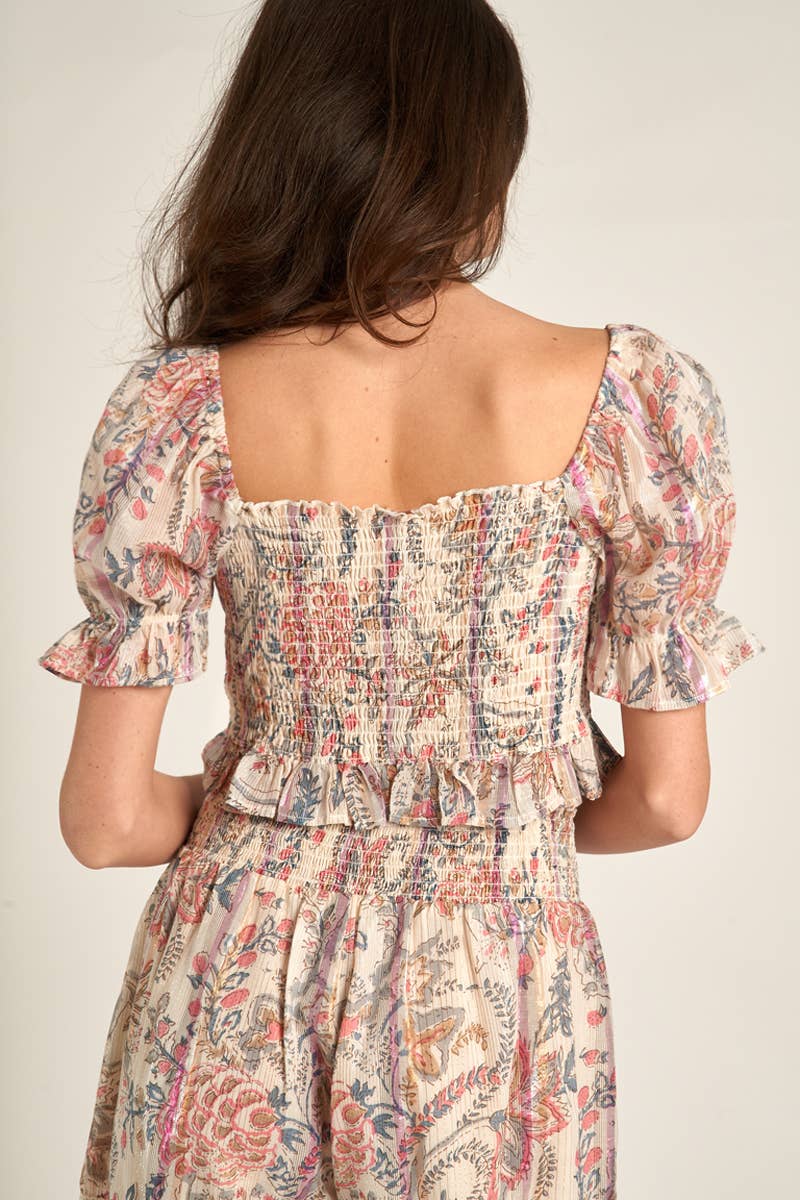 Floral & Metallic Puff Sleeve Front Tie Ruffle Top
