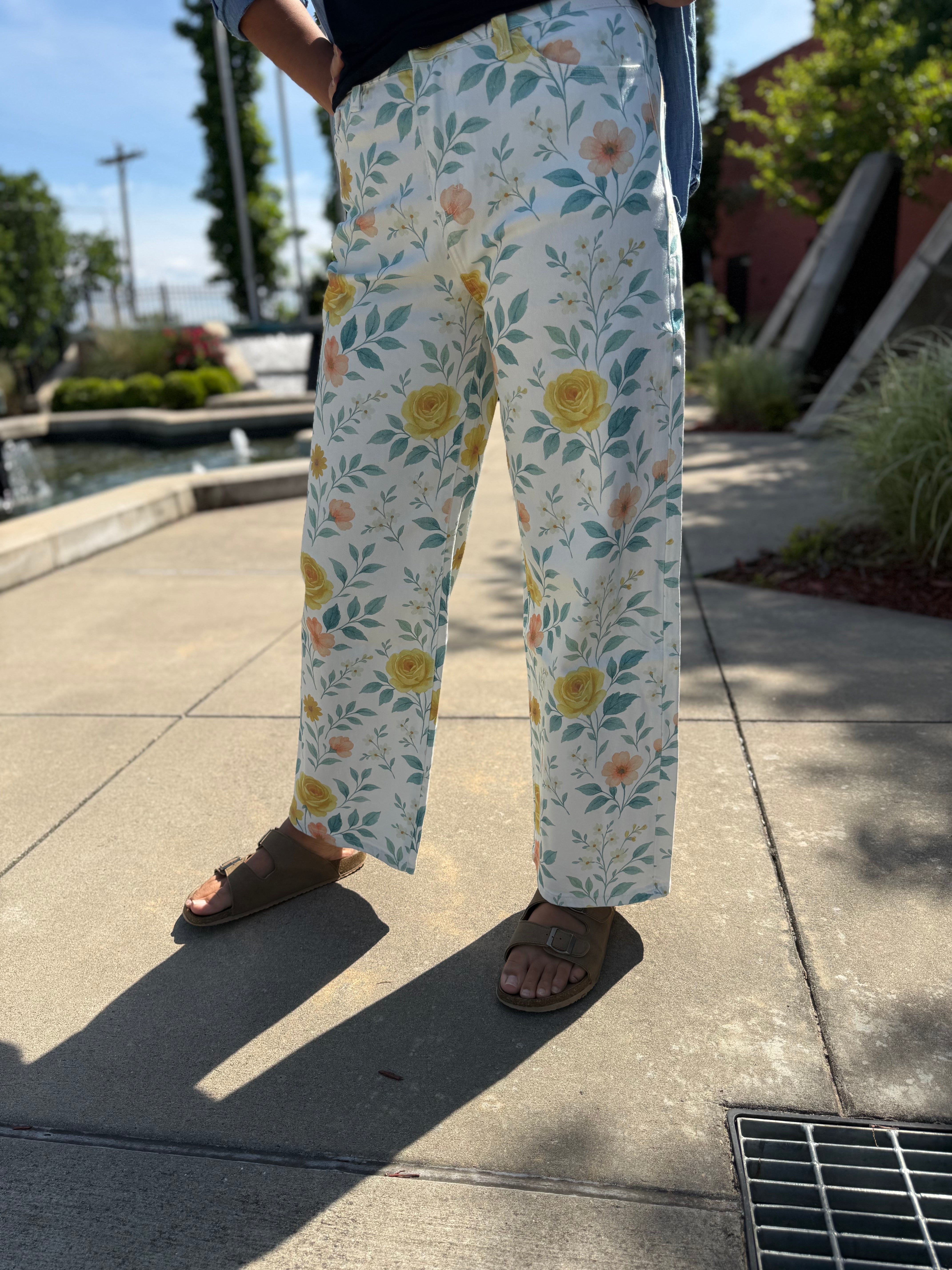 Front view Flora Watercolor Jean – wide-leg watercolor bloom print, close up, boho-luxe style, Spirit & Wind Boutique from Bayeas Jeans