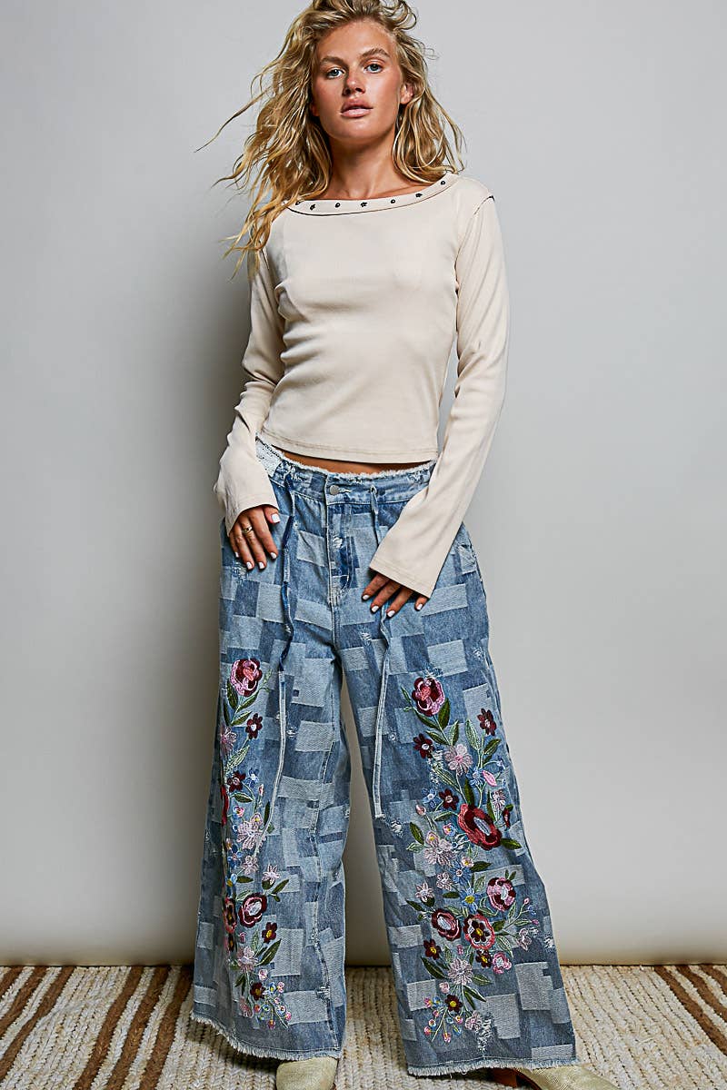 Vintage Bloom Denim Wide Leg Pants