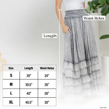 Garnet Artisan Panel Maxi Skirt size chart - S 39 inch length 24 inch waist, M 39.5 inch length 26 inch waist, L 40 inch length 28 inch waist, XL 40.5 inch length 30 inch waist