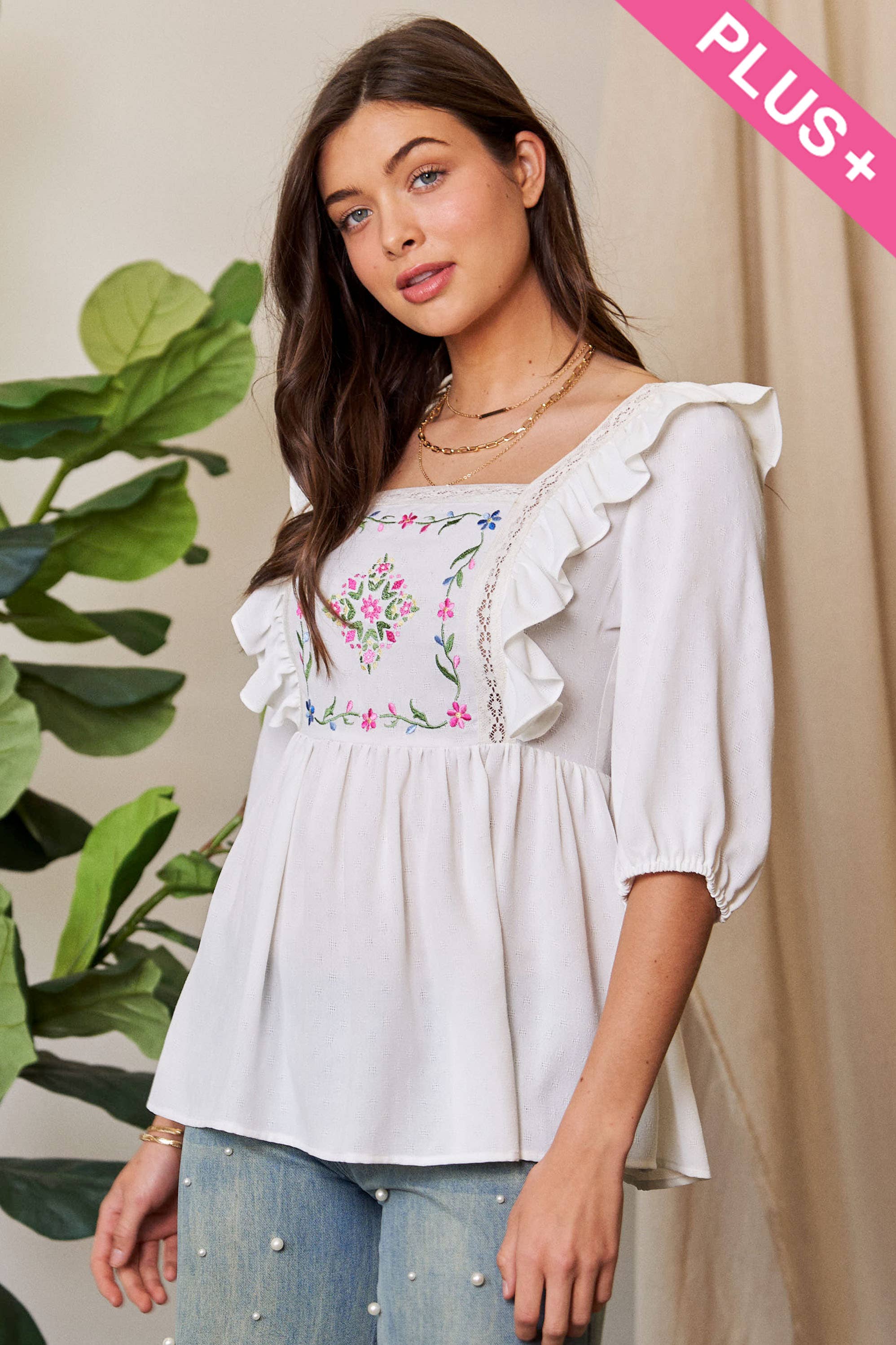 Plus Size Tie Back Floral Embroidery Top