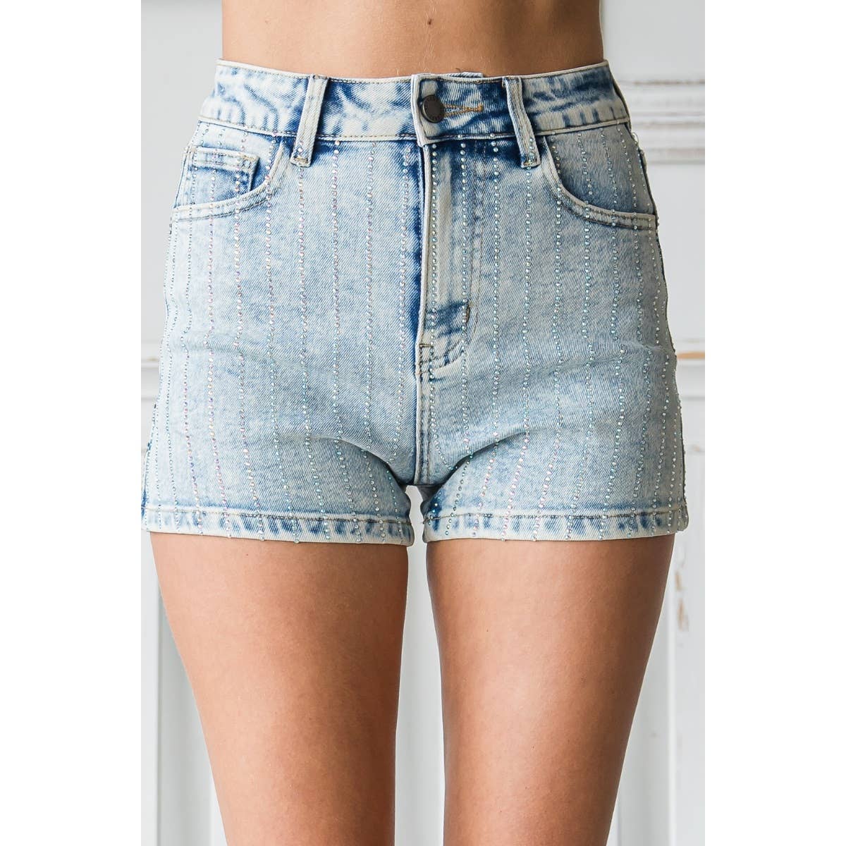 Sparkle & Shine Rhinestone Stripe Denim Shorts
