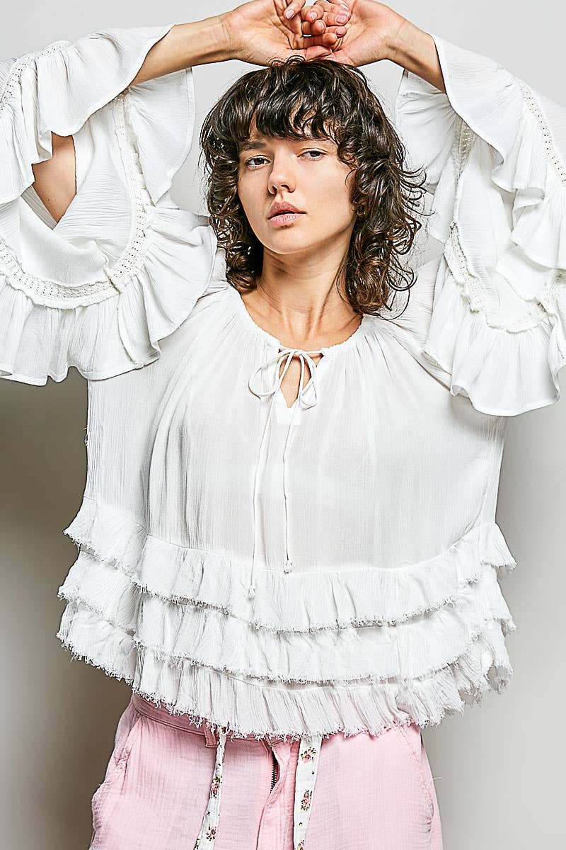 Ivory Tiered Ruffle Bell Sleeve Top