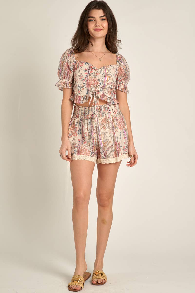Floral & Metallic Puff Sleeve Front Tie Ruffle Top