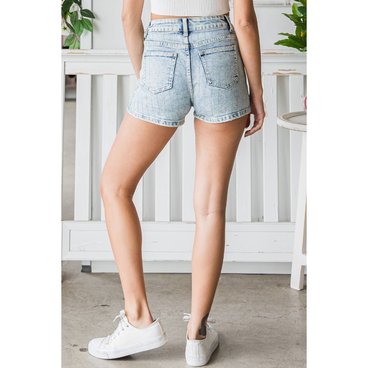 Sparkle & Shine Rhinestone Stripe Denim Shorts