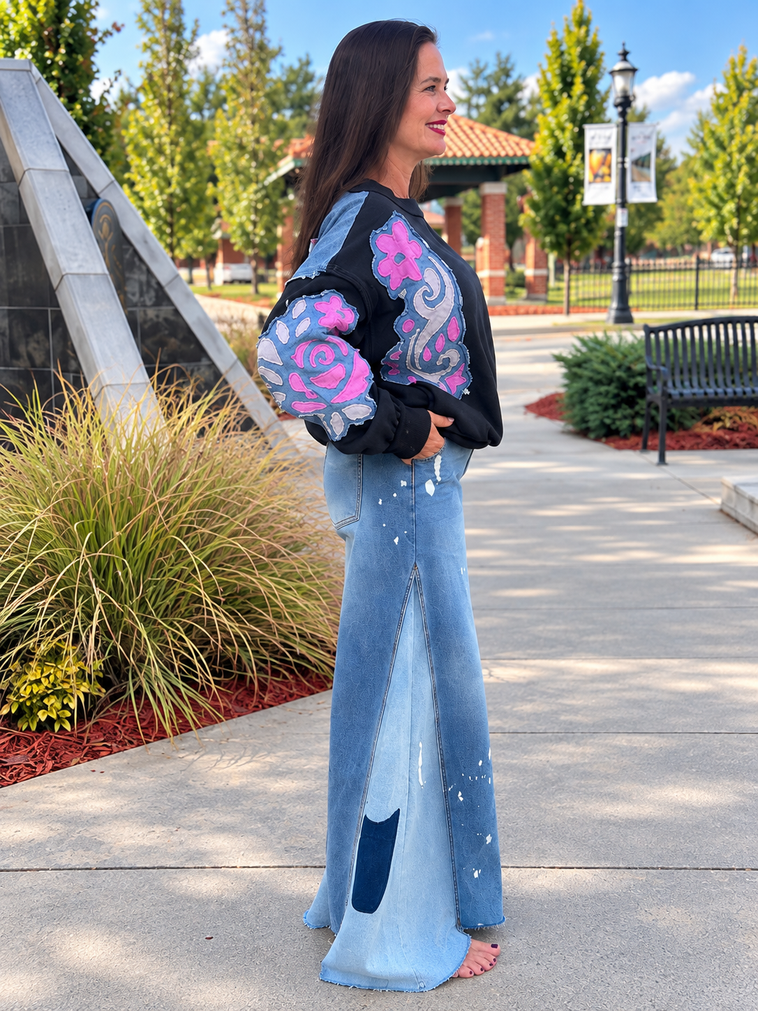 side view Cotton-blend floral denim patchwork pullover in mineral wash