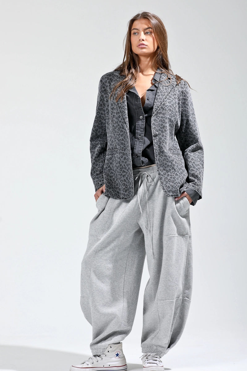 Leopard Print Single-Button Casual Denim Blazer