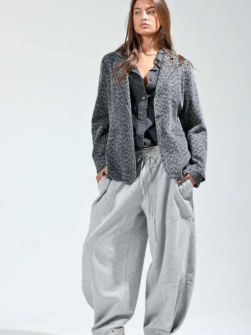Leopard Print Single-Button Casual Denim Blazer